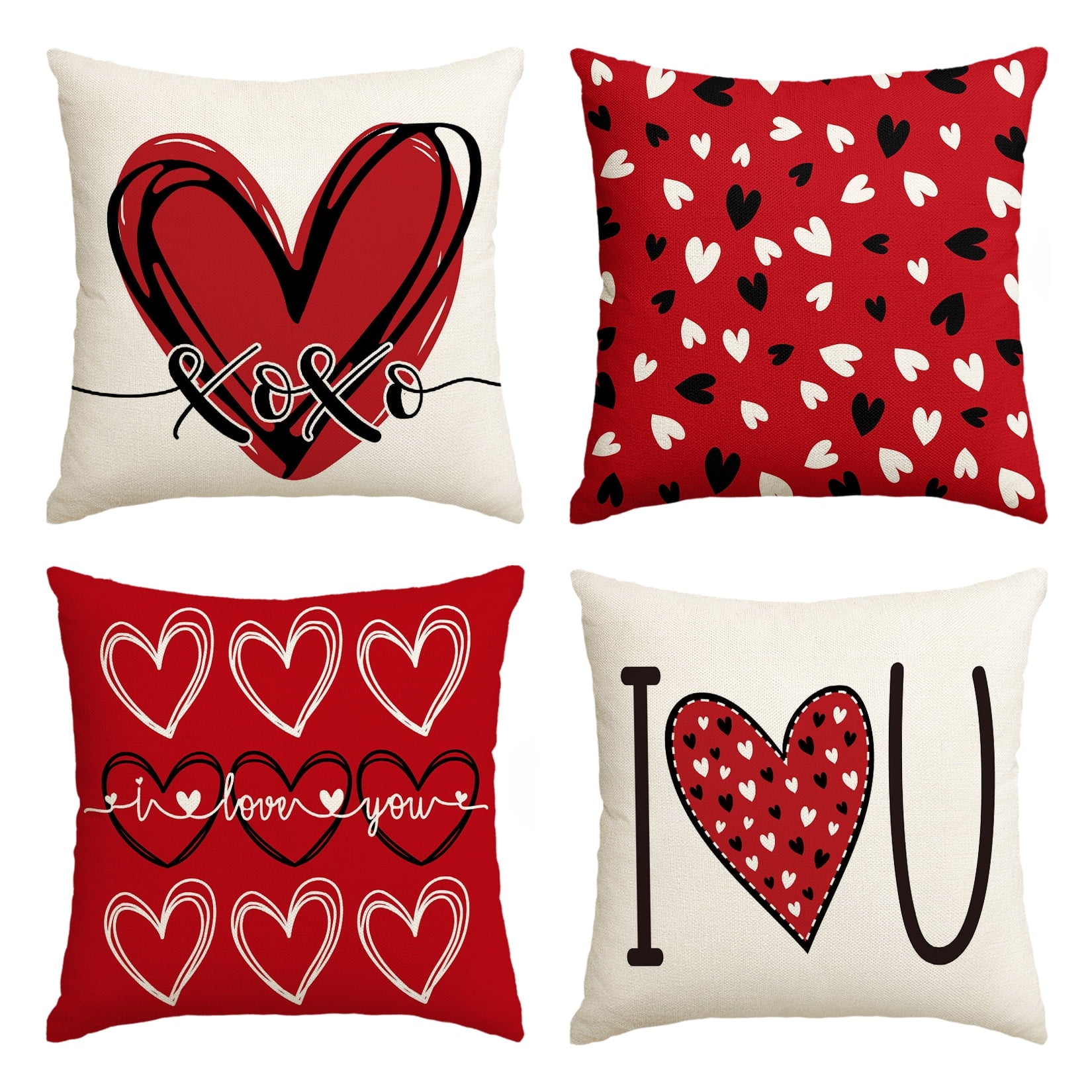 Sm:)e I Love You XOXO Hearts Valentines Day Throw Pillow Cover Set of 4, 16x16 Inch