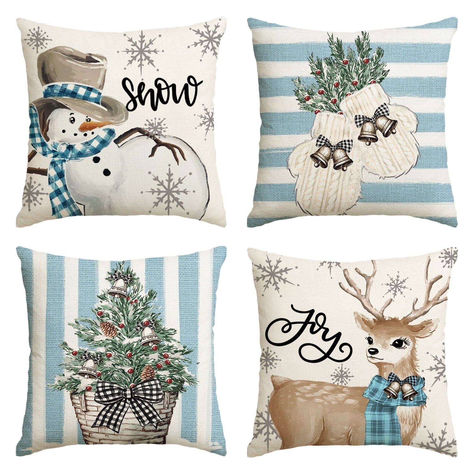 Sm:)e Christmas Snowman Reindeer Gloves Eucalyptus Throw Pillow Covers Blue, 16 x 16 Inch Winter Holiday Stripes Cushion Case Decoration for Sofa Couch Set of 4