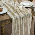 Sm:)e 3Pcs Beige Gold Silk Screen Stamping Gauze Table Runner 120 Inch 10FT, Glitter Metallic Foil Sheer Chiffon Table Decor for Wedding Anniversary Birthday Outdoor Home Party Table