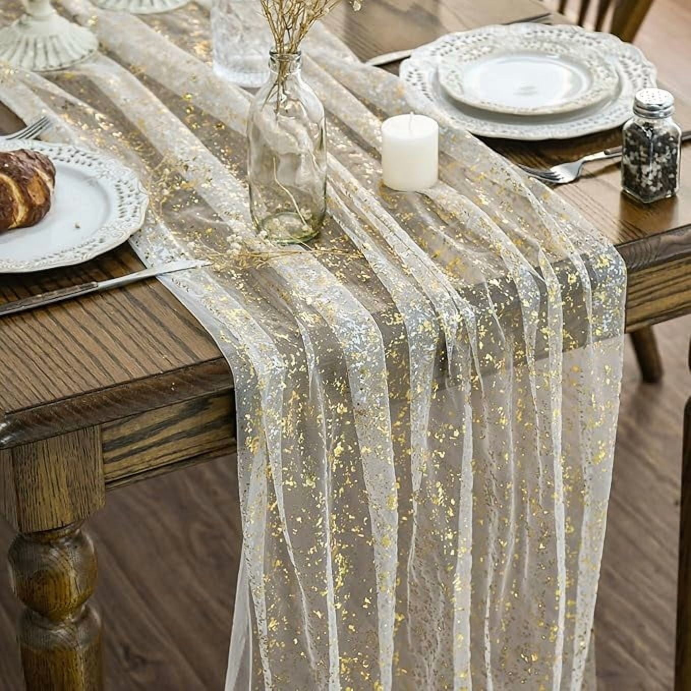 Sm:)e 3Pcs Beige Gold Silk Screen Stamping Gauze Table Runner 120 Inch 10FT, Glitter Metallic Foil Sheer Chiffon Table Decor for Wedding Anniversary Birthday Outdoor Home Party Table