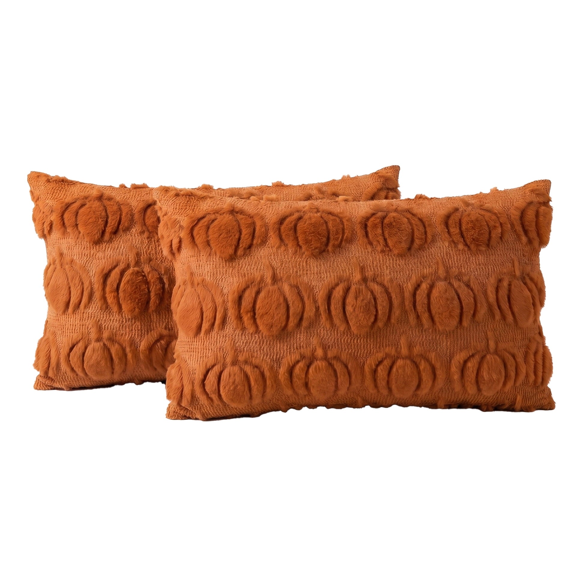 Sm:)e  Pumpkin Plush Faux Fur Jacquard Fall Throw Pillow Cover 12x20 Inch,  Set of 2,  Silky Soft Seasonal Cushion Case for Sofa Couch Caramel