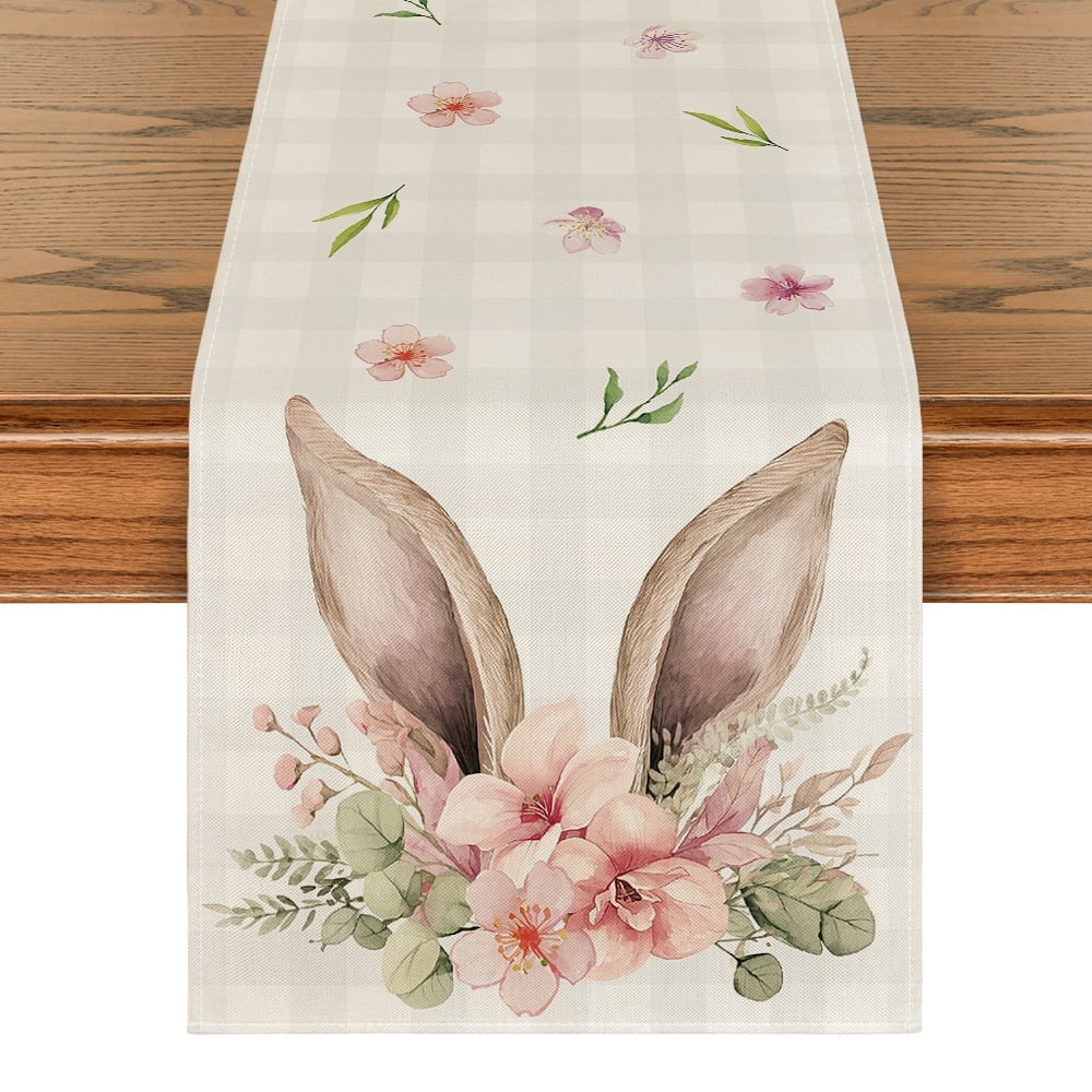 Sm:)e Buffalo Plaid Bunny Ears Easter Table Runner 13 x 120 Inch, Seasonal Holiday Table Decoration