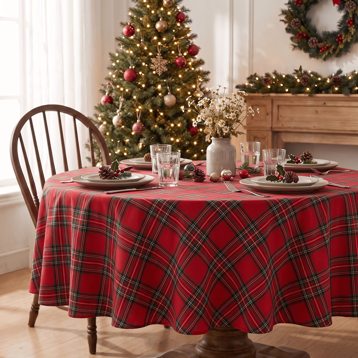 Sm:)e Red Royal Stewart Tartan Plaid Tablecloth, Round 55 Inch, Wrinkle-Resistant & Machine Washable Classic Check Table Cover for Christmas Dinner/Party Decoration/Holiday