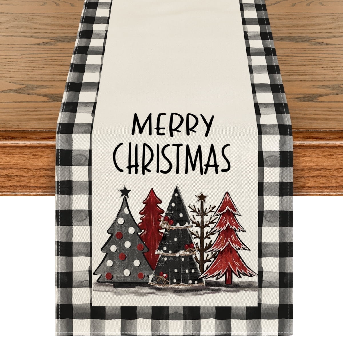 Sm:)e Waterclor Buffalo Plaid Christmas Trees Merry Xmas Table Runner, Seasonal Winter Holiday Kitchen Dining Table Decoration for Indoor Outdoor Home Party Decor 13 x 120 Inch