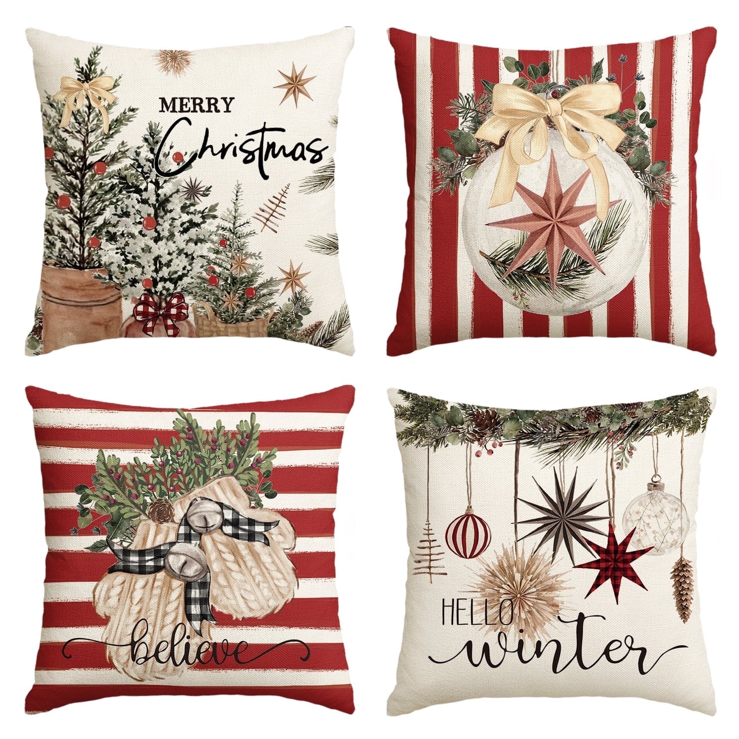 Sm:)e Ornament Ball American Holly Believe Hello Winter Christmas Throw Pillow Cover 18x18 Inch Set of 4