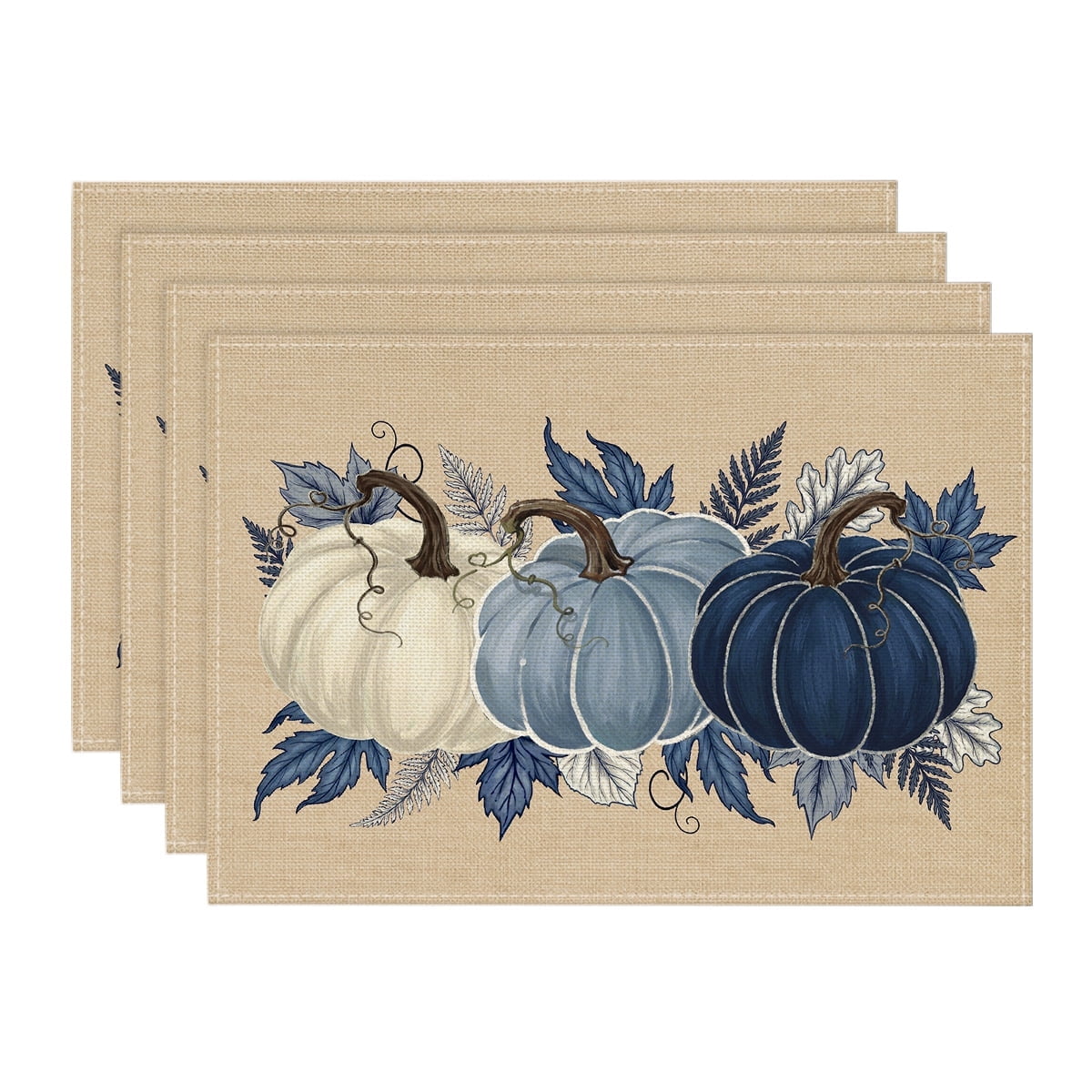 Sm:)e Blue White Pumpkin Fall Placemats Set of 4, 12x18 Inch Autumn Thanksgiving Holiday Table Mats for Party Kitchen Dining Decor
