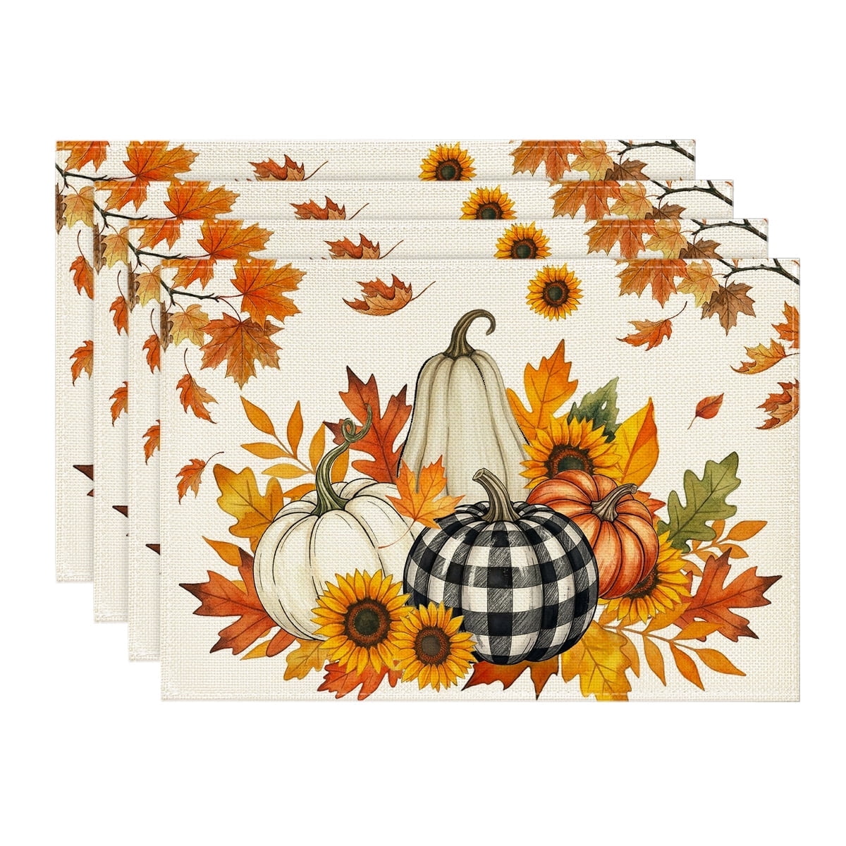 Sm:)e Buffalo Plaid Pumpkin Sunflower Fall Placemats Set of 4, 12x18 Inch Thanksgiving Table Mats for Party Kitchen Dining Decoration