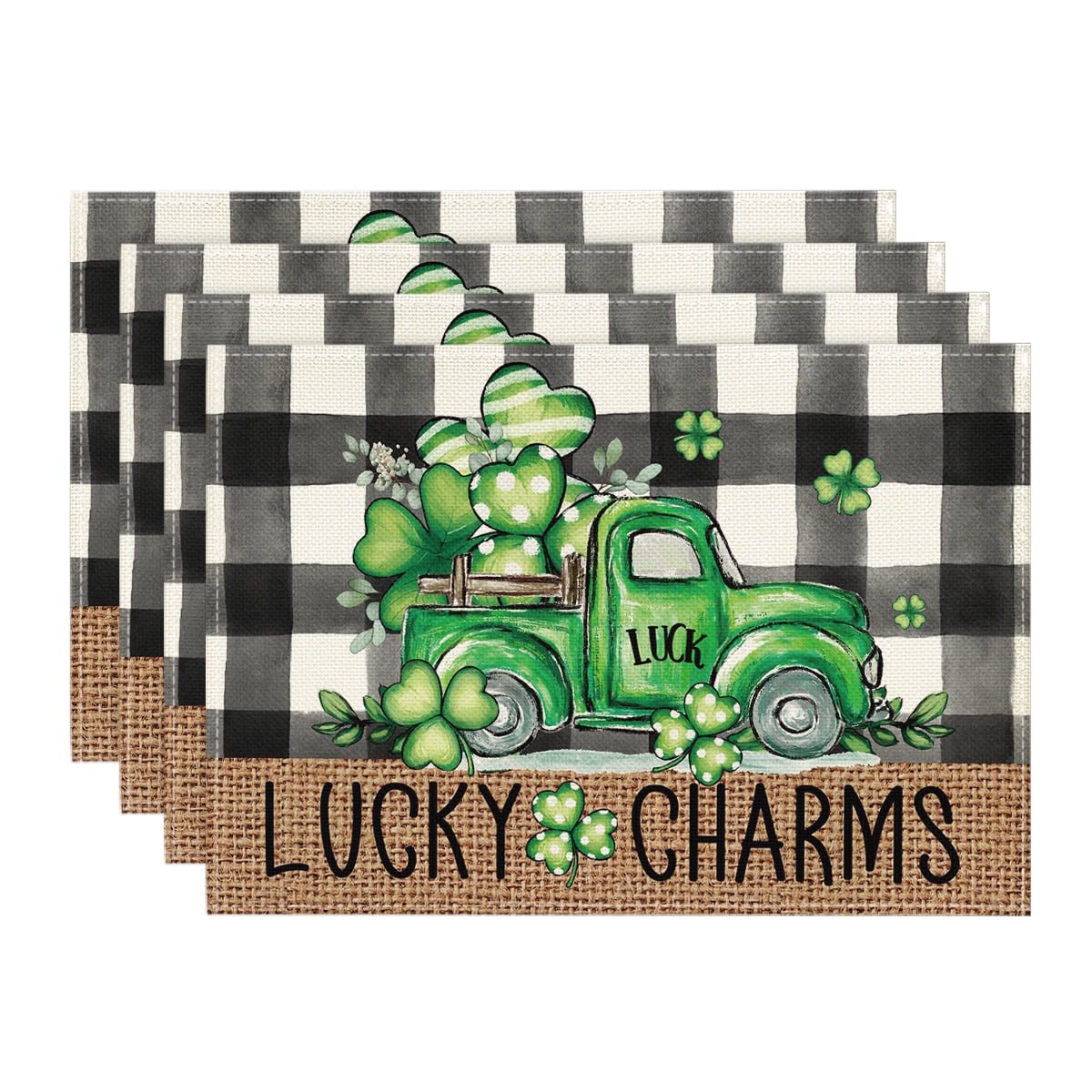 Sm:)e Bufflao Plaid Truck Shamrock St. Patrick's Day Placemats for Dining Table 4-Pack 12 x 18 Inch