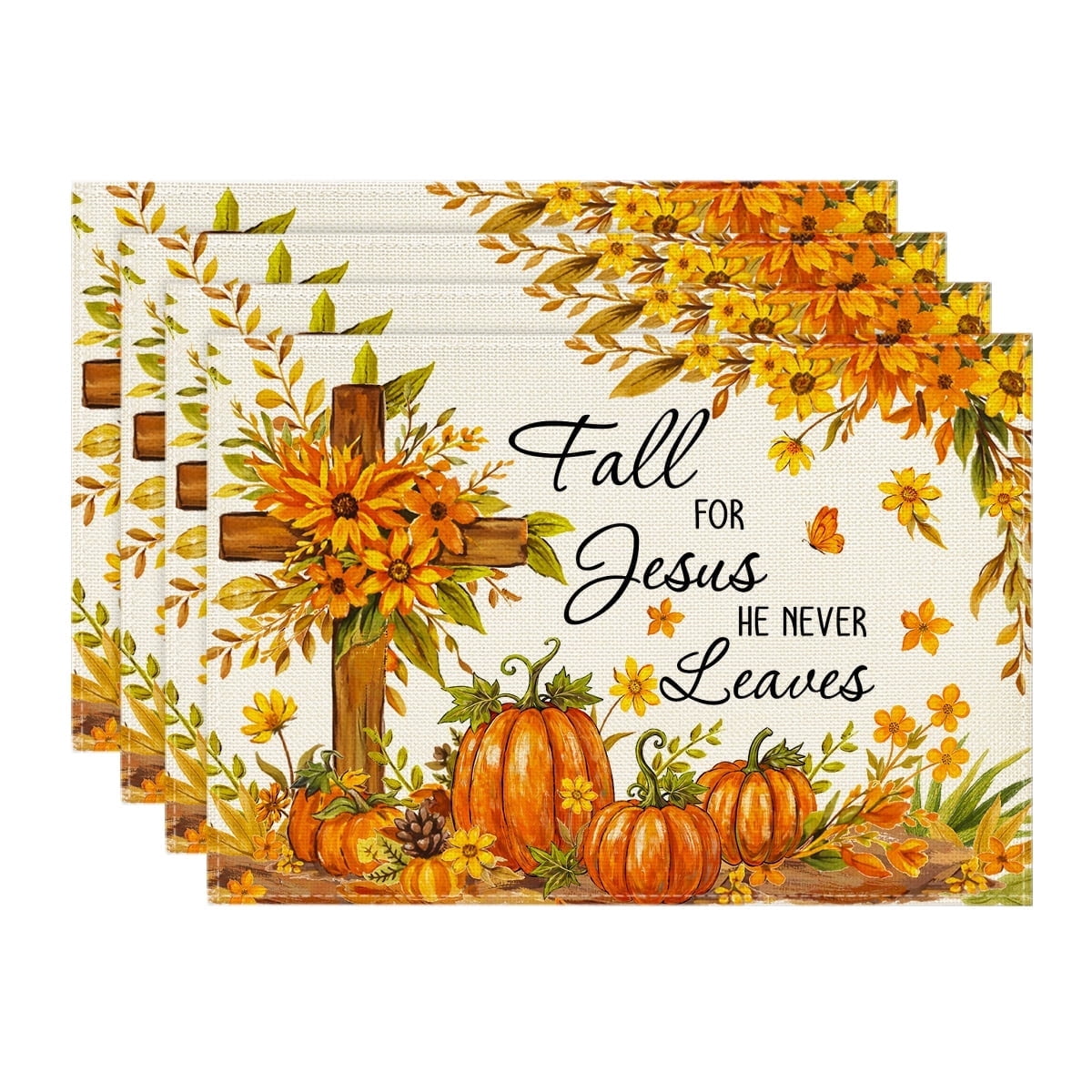 Sm:)e Cross Thanksgiving Pumpkins Bless This Home Flower Fall Placemats Set of 4, 12x18 Inch