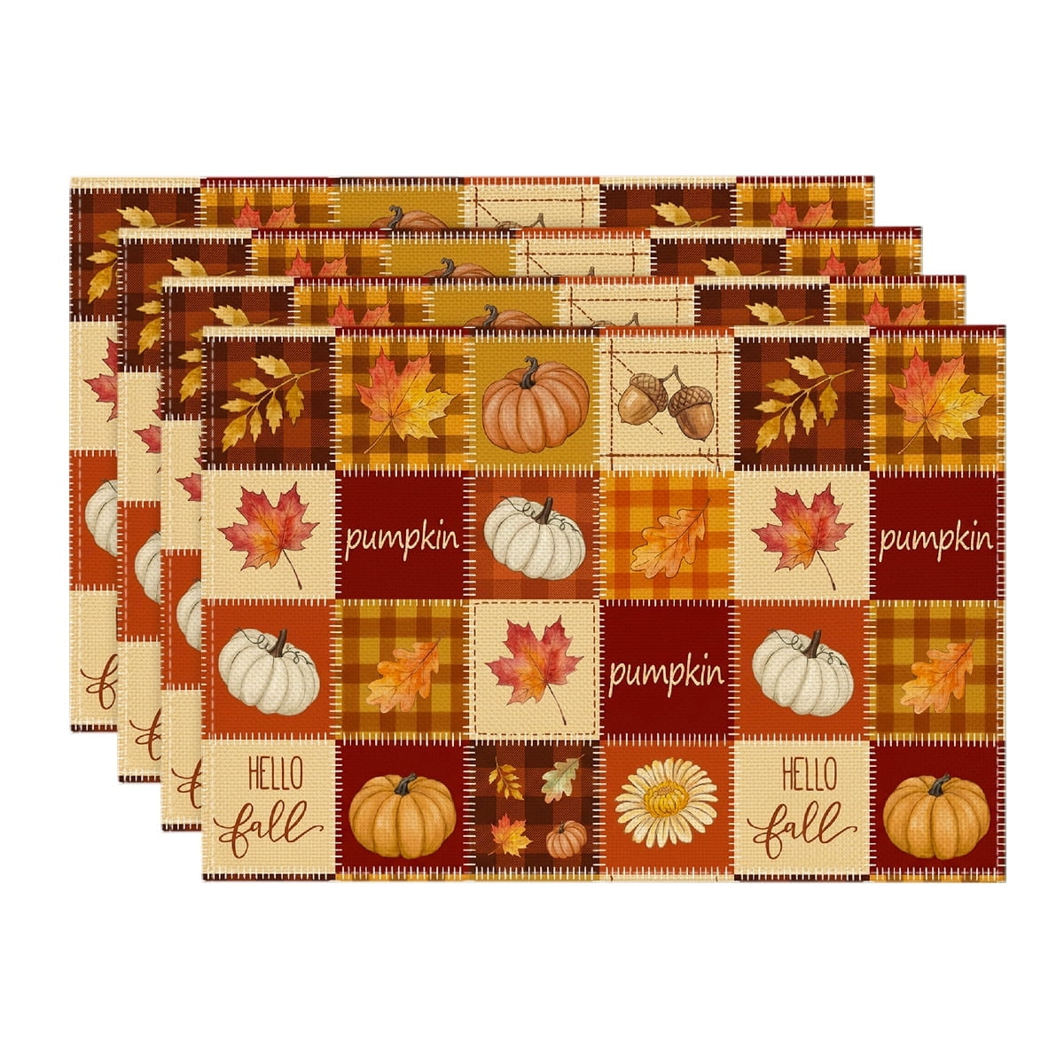 Sm:)e Fall Patchwork Pumpkin Placemats Set of 4, 12x18 Inch ,Seasonal Autumn Harvest Table Mats for Party Kitchen Dining Decoration