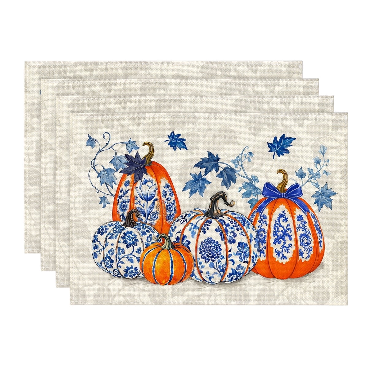 Sm:)e Pumpkins Maple Leaf Blue and White Porcelain Fall Placemats Set of 4, 12x18 Inch ,Seasonal Autumn Decor for Kitchen Dining Home Gathering