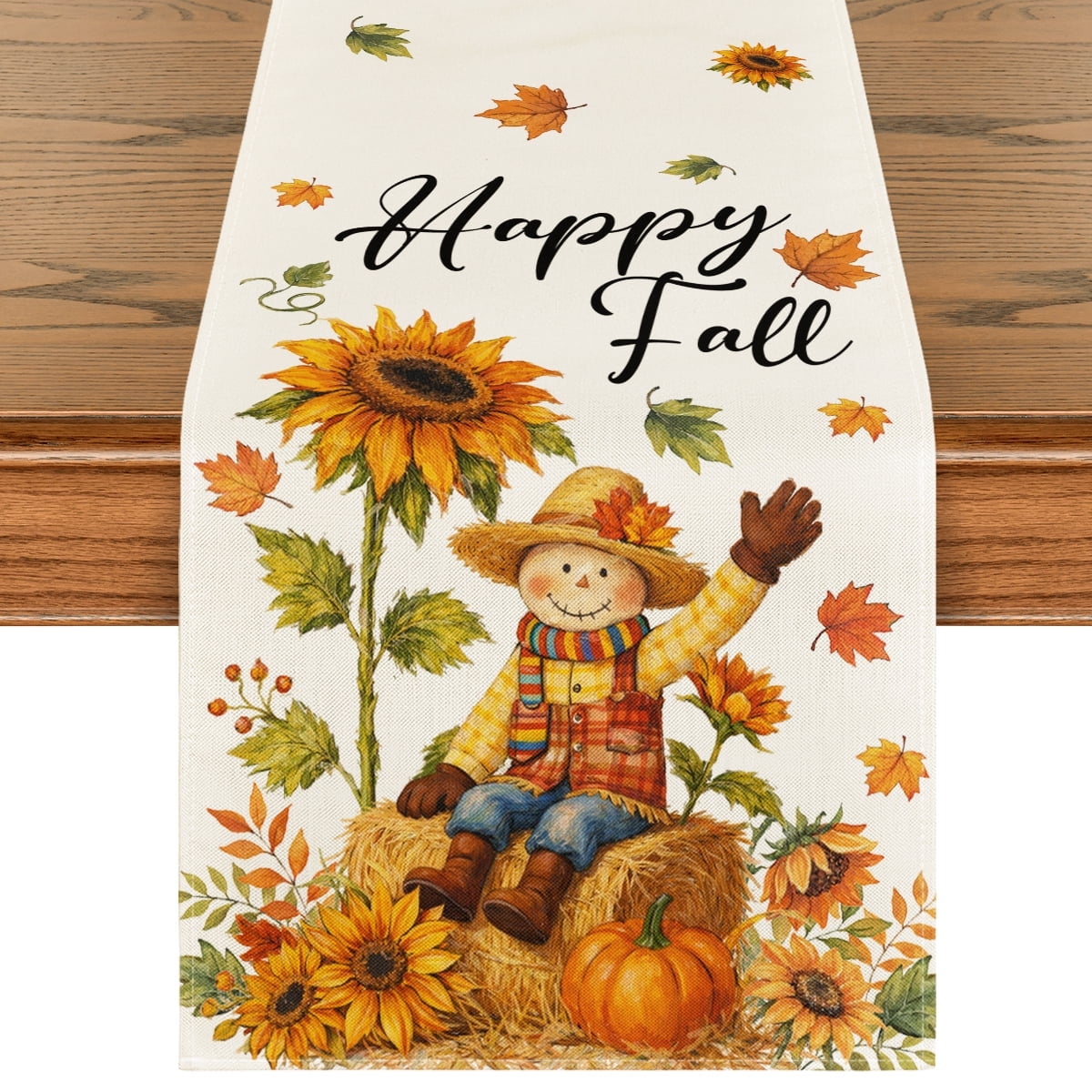 Sm:)e Scarecrow Maple Leaves Sunflower Pumpkin Fall Table Runner 13x72 Inch, Seasonal Autumn Decor for Kitchen Dining Table Home Party
