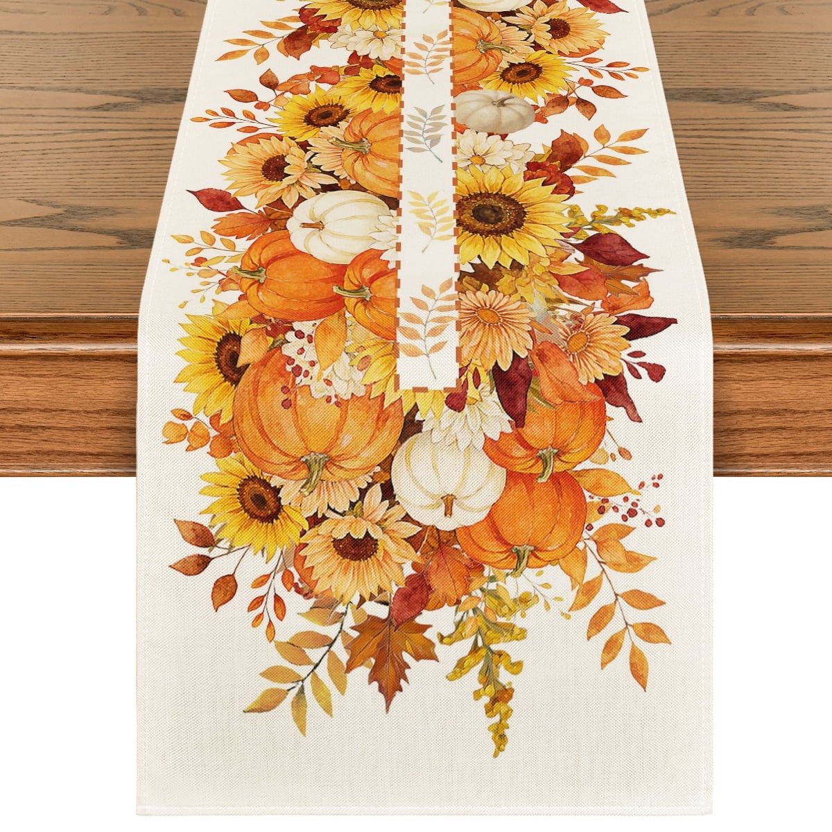 Sm:)e Sunflower Maple Leaves Pumpkin Fall Table Runner, 13x72 Inch, Autumn Thanksgiving Decor for Kitchen Dining Table Home Party