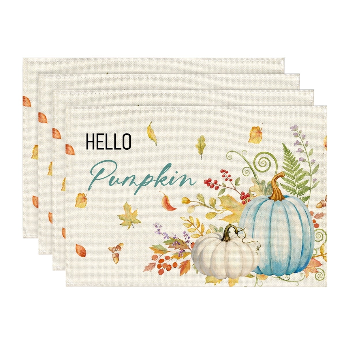 Smile Hello Pumpkin Floral Maple Leaves Fall Placemats 12 x 18 Set of 4 Blue