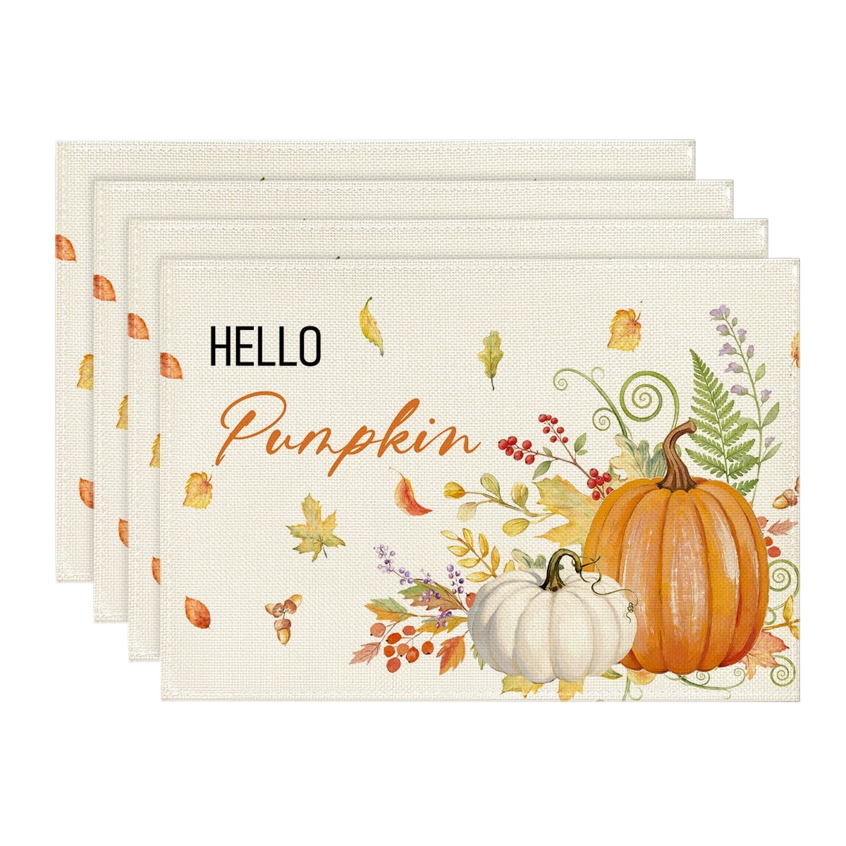 Smile Hello Pumpkin Floral Maple Leaves Fall Placemats 12 x 18 Set of 4 Orange