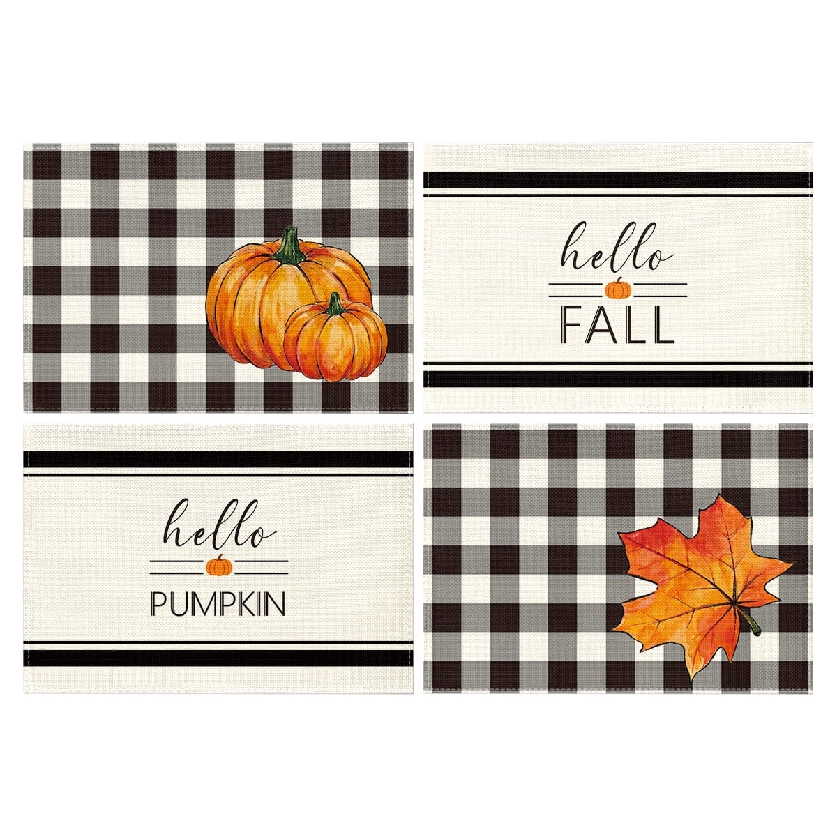 Smile Maple Leaves Hello Pumpkin Buffalo Plaid Fall Placemats 4 Set 12 x 18 Inch