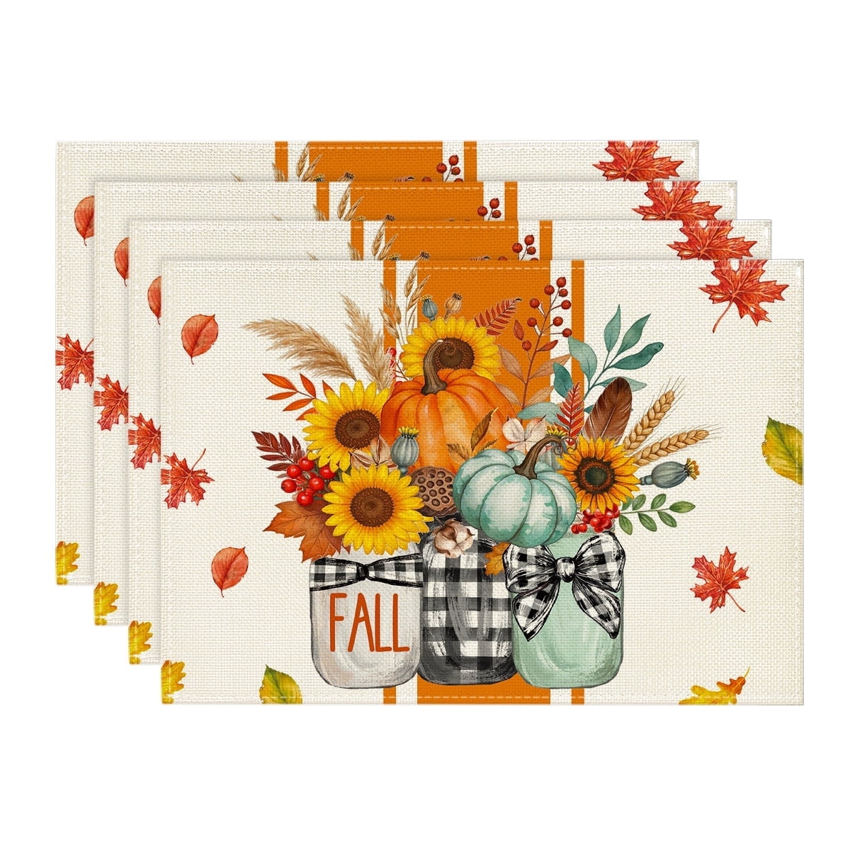 Smile Vases Hello Fall Placemats Set of 4, 12x18 Inch Seasonal Autumn Table Mats for Party Kitchen Dining Decoration
