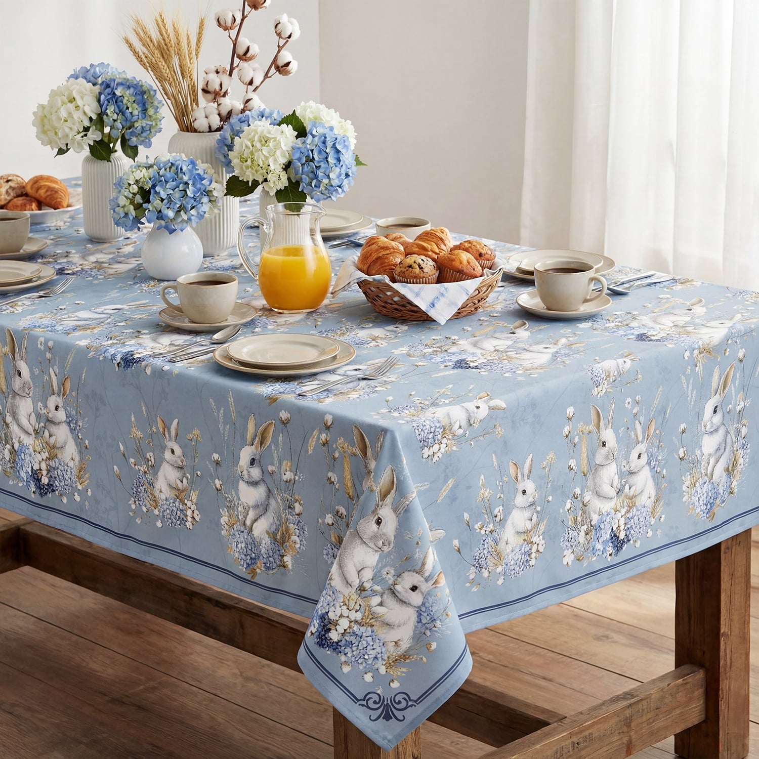Sm:)e Line Edge Hydrangea Bunny Easter Tablecloth - 60x84 Inch Polyester, Machine Washable & Reusable Table Cover for Indoor & Outdoor Use