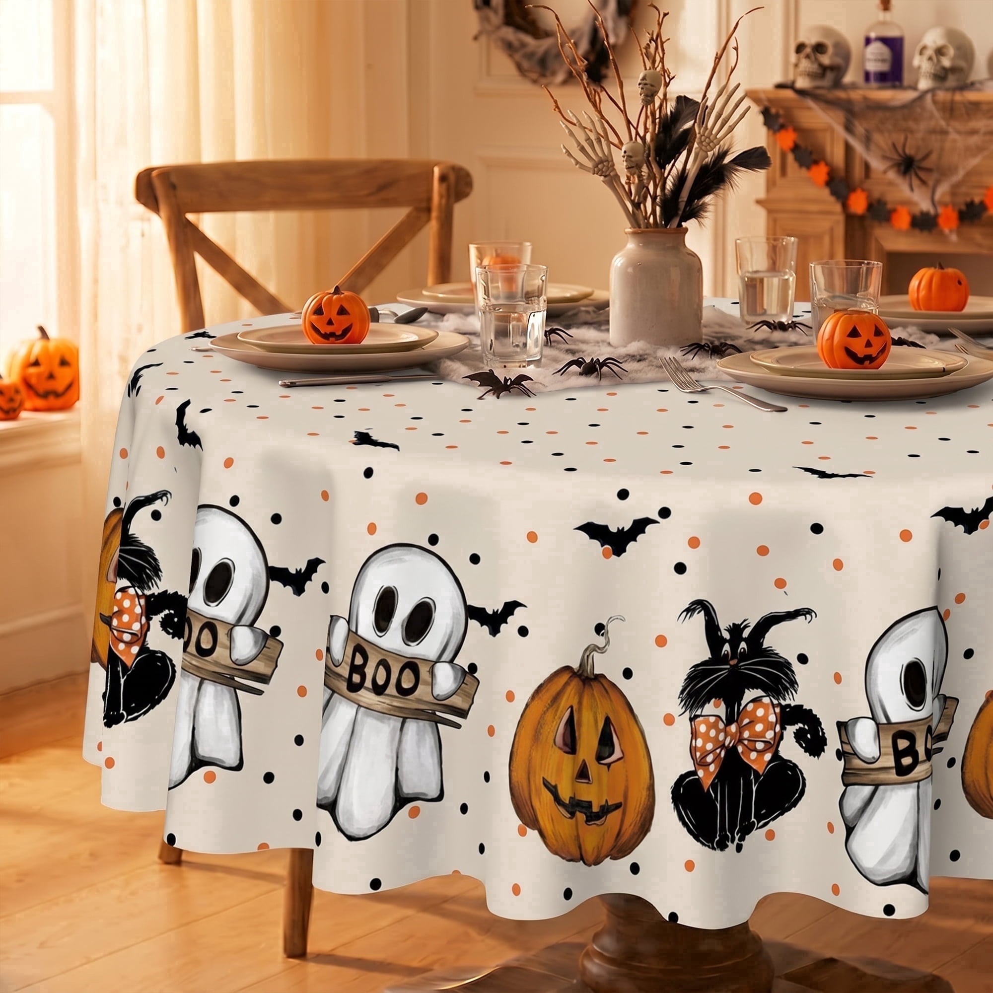 Sm:)e Boo Ghost Pumpkin Bat Halloween Tablecloth 60 Inch, Wrinkle-Resistant & Machine Washable Table Cover for Dining Decor, Round