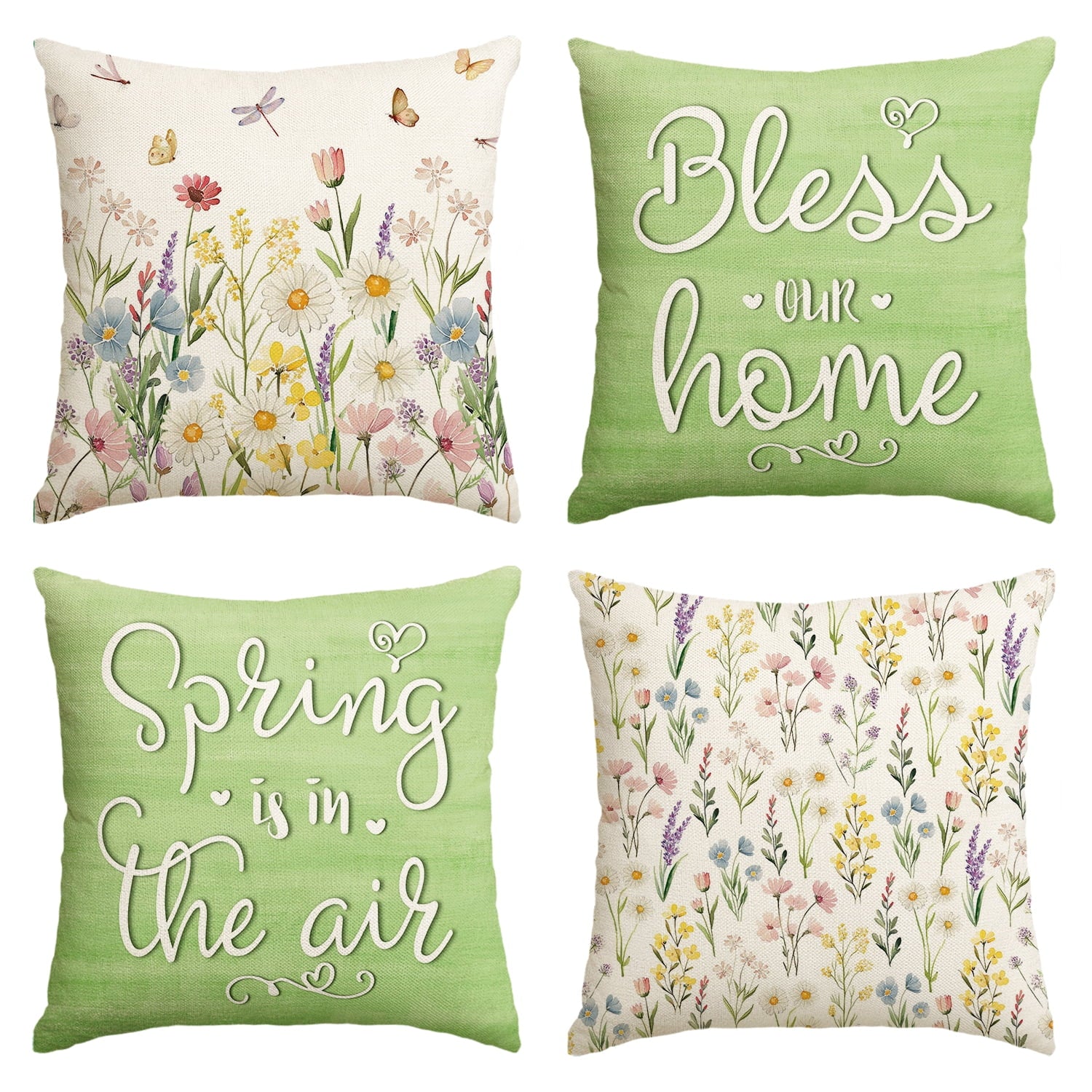 Sm:)e Bless Home Daisy Floral Spring Throw Pillow Covers Set of 4,18x18 Inch,Green