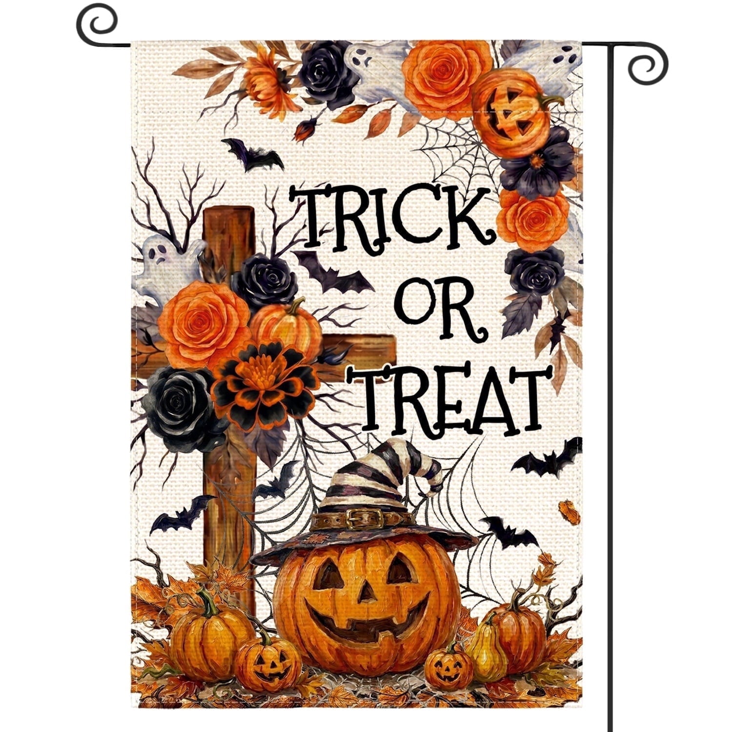 Sm:)e Trick or Treat Ghost Bat Pumpkin Cross Halloween Garden Flag 12 x 18 Inch, Double-Sided Printing, Outdoor Welcome Decor for Yards