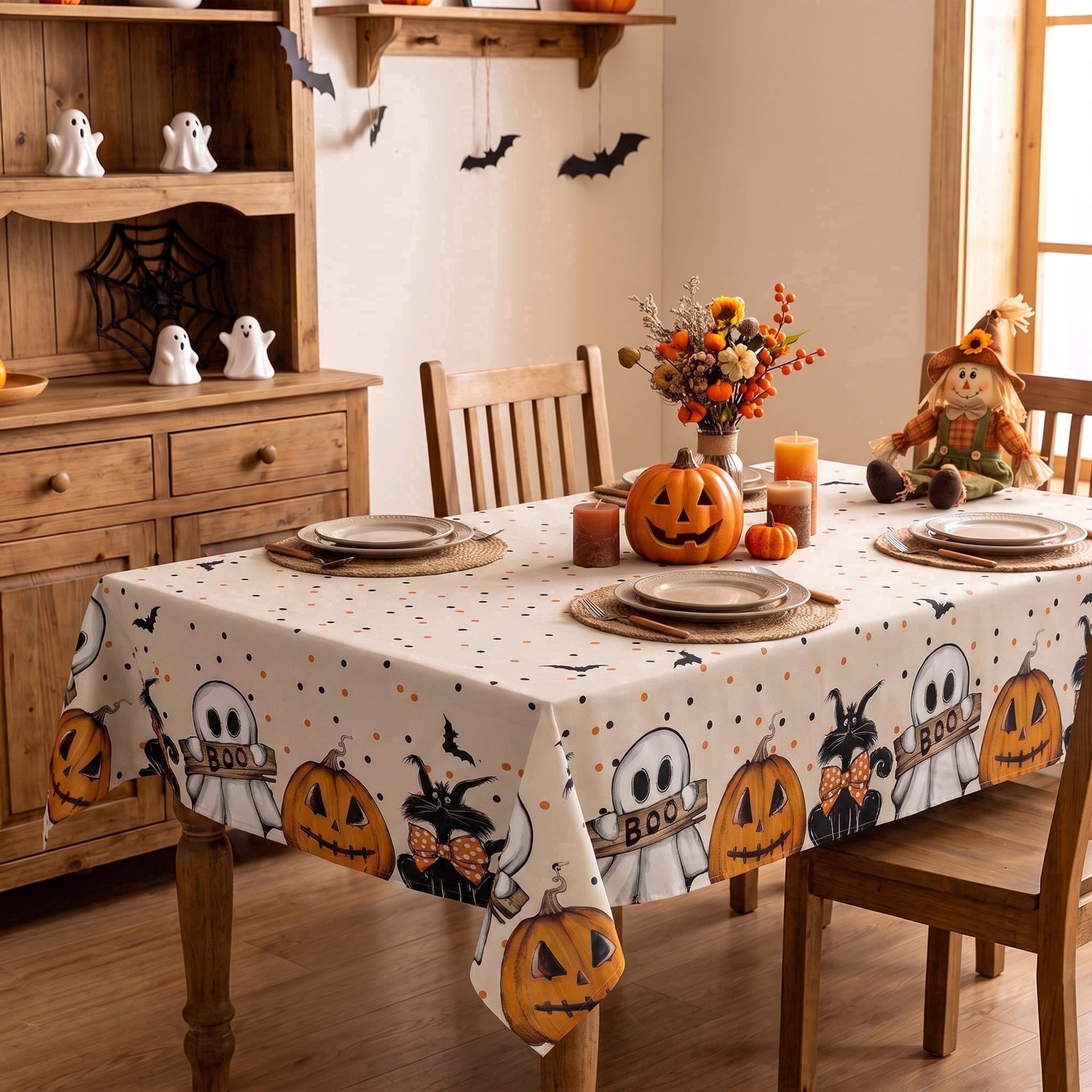Sm:)e Boo Ghost Pumpkin Bat Halloween Tablecloth 60x84 Inch, Wrinkle-Resistant & Machine Washable Table Cover for Dining Decor, Rectangle