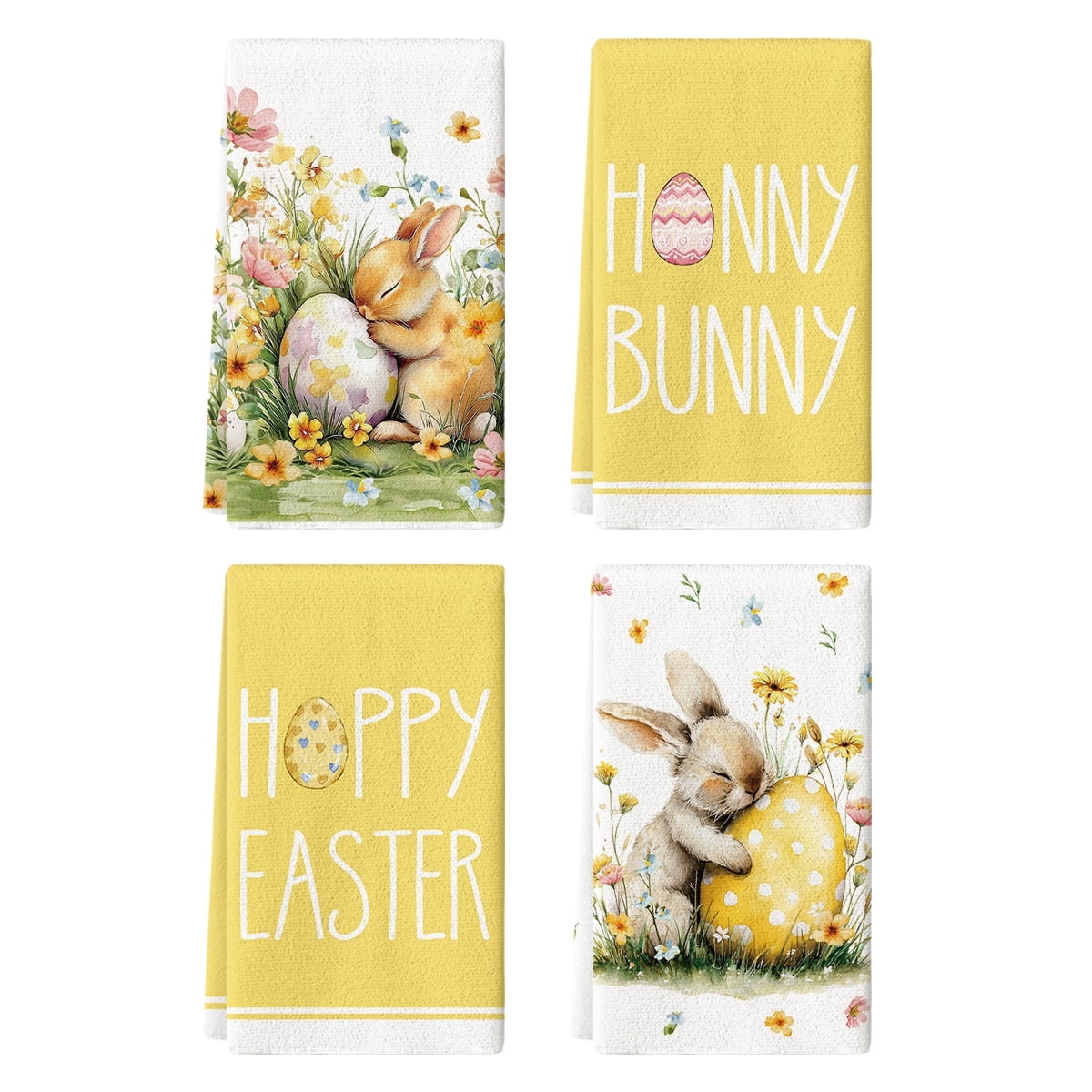 Sm:)e Eggs Hunny Bunny Rabbit Easter Kitchen Dish Towels 18x26 Inch Set of 4 Yellow