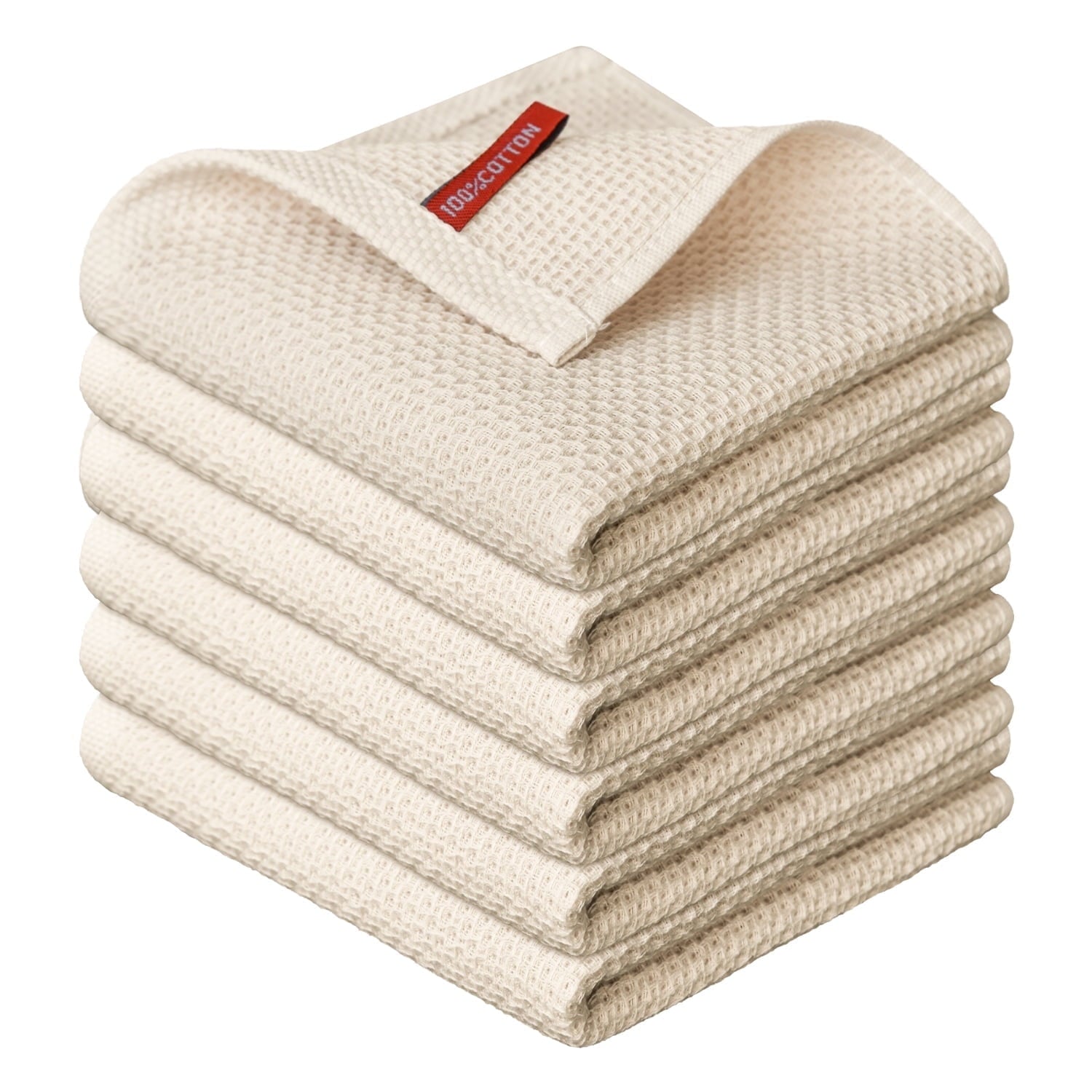 Sm:)e 100% Cotton Waffle Dishcloth, Beige, 6 Pack Soft Absorbent Quick Dry Kitchen Cleaning Towels 12x12 Inch