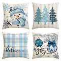 Sm:)e Winter Snowman Joy Ornaments Snowflake Christmas Throw Pillow Covers, 18 x 18 Inch Trees Outdoor Holiday Decor Buffalo Plaid Cushion Case for Sofa Couch Set of 4