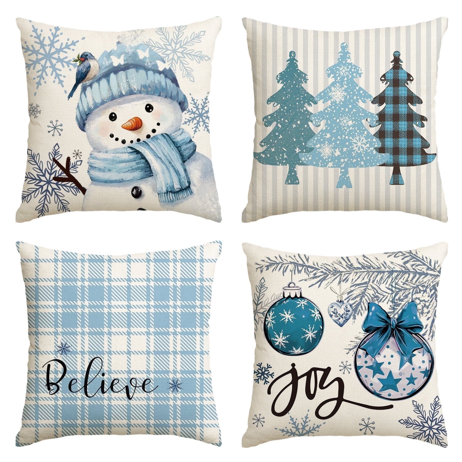 Sm:)e Winter Snowman Joy Ornaments Snowflake Christmas Throw Pillow Covers, 18 x 18 Inch Trees Outdoor Holiday Decor Buffalo Plaid Cushion Case for Sofa Couch Set of 4