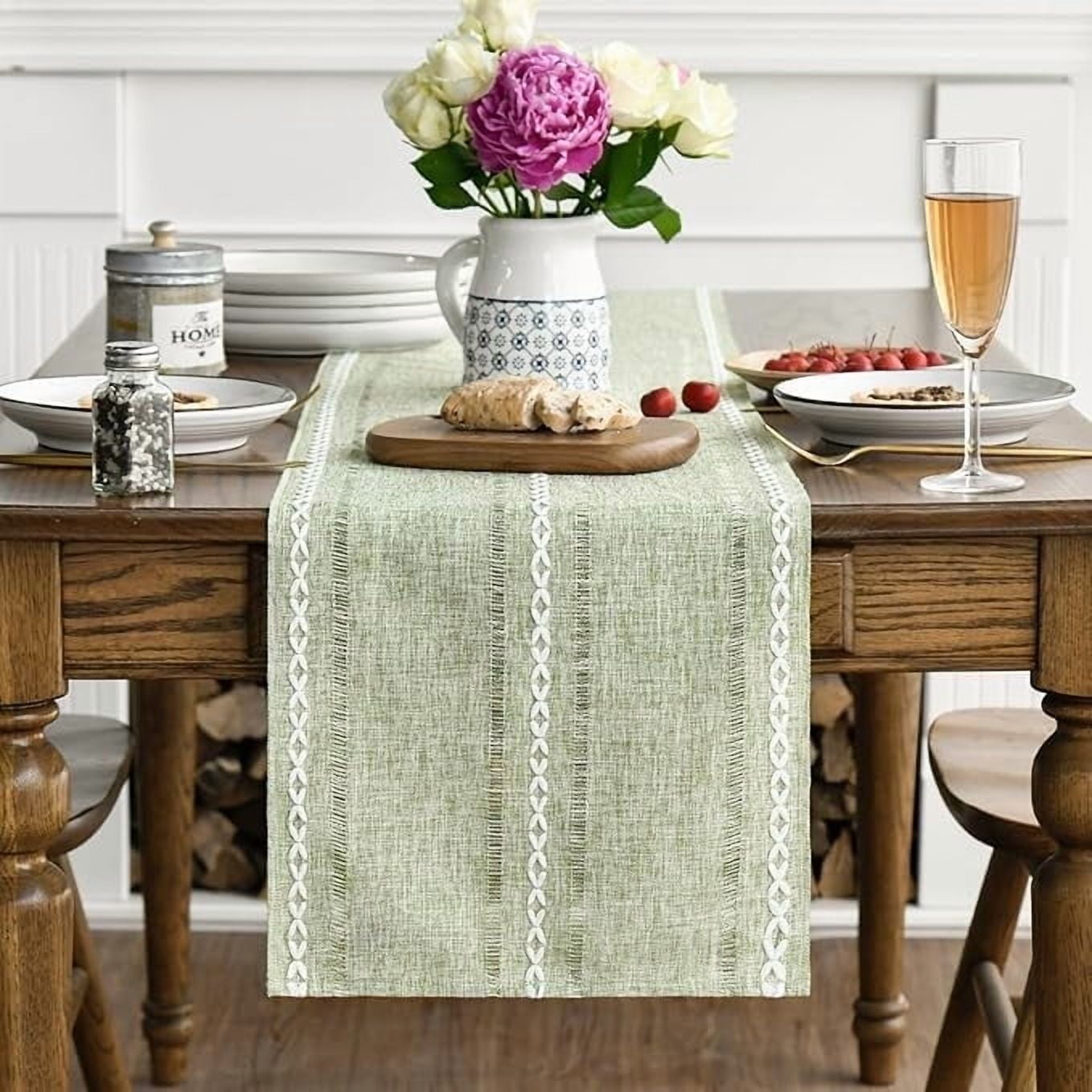 Sm:)e Linen Table Runner for Dining Table 13 x 48 Inch Sage Green Burlap Linen Style Rustic Farmhouse Kitchen Dining Room Decoraton