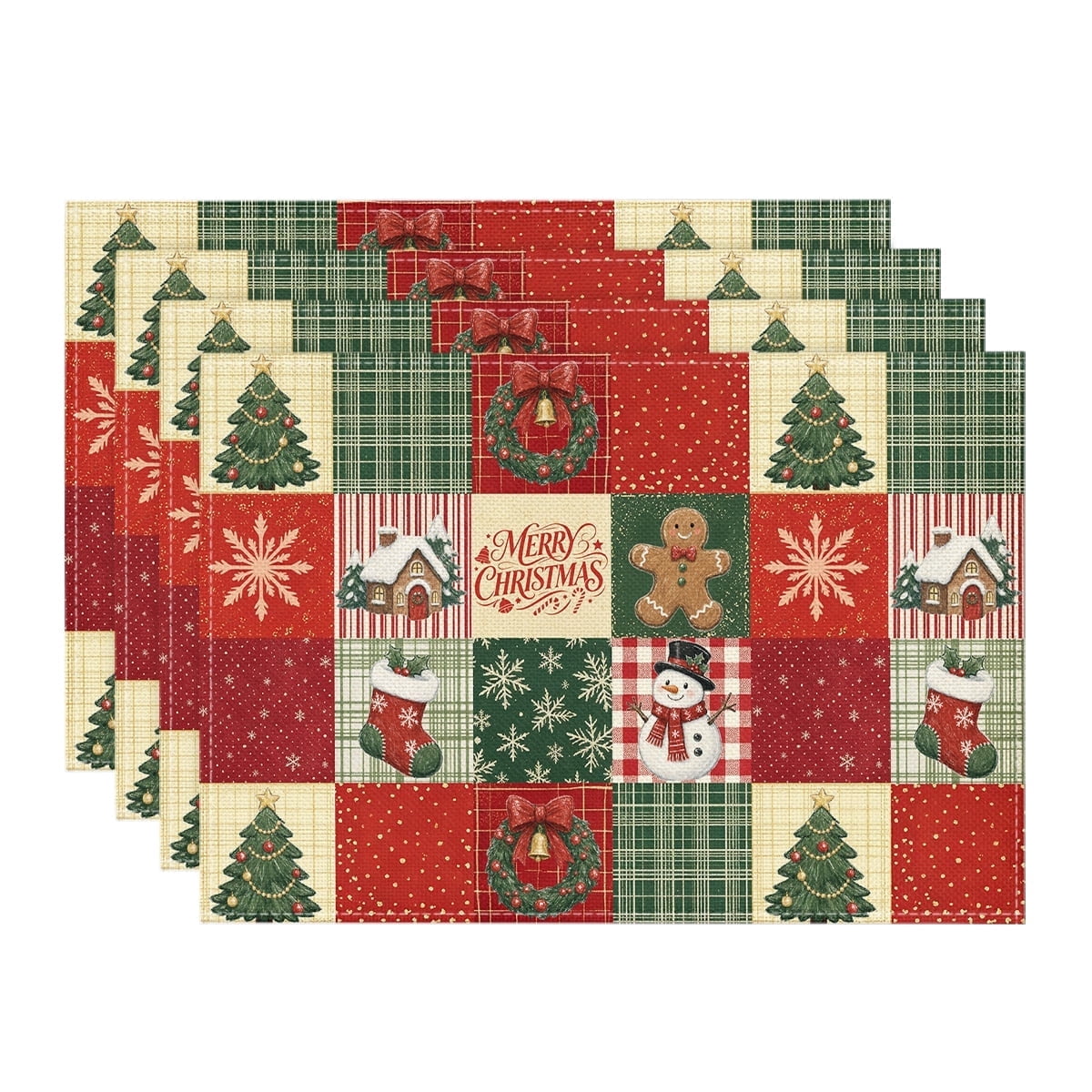 Sm:)e Red Plaid, Pine Tree, Snowman & Gingerbread Man Christmas Placemats 12 x 18 Inch, Set of 4,Winter Table Decor Supplies for Kitchen Dining & Holiday Party