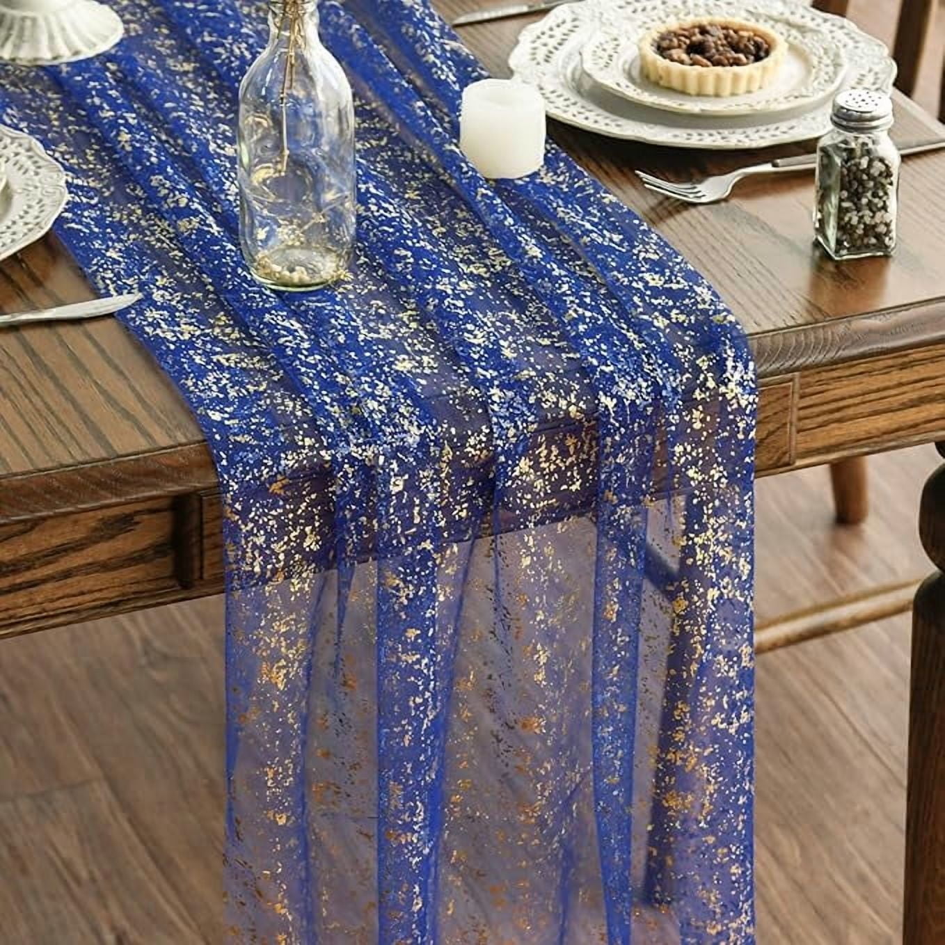 Sm:)e Dark Blue Gold Silk Screen Stamping Gauze Table Runner 120 Inch 10FT, Glitter Metallic Foil Sheer Chiffon Table Decor for Wedding Anniversary Birthday Outdoor Home Party Table