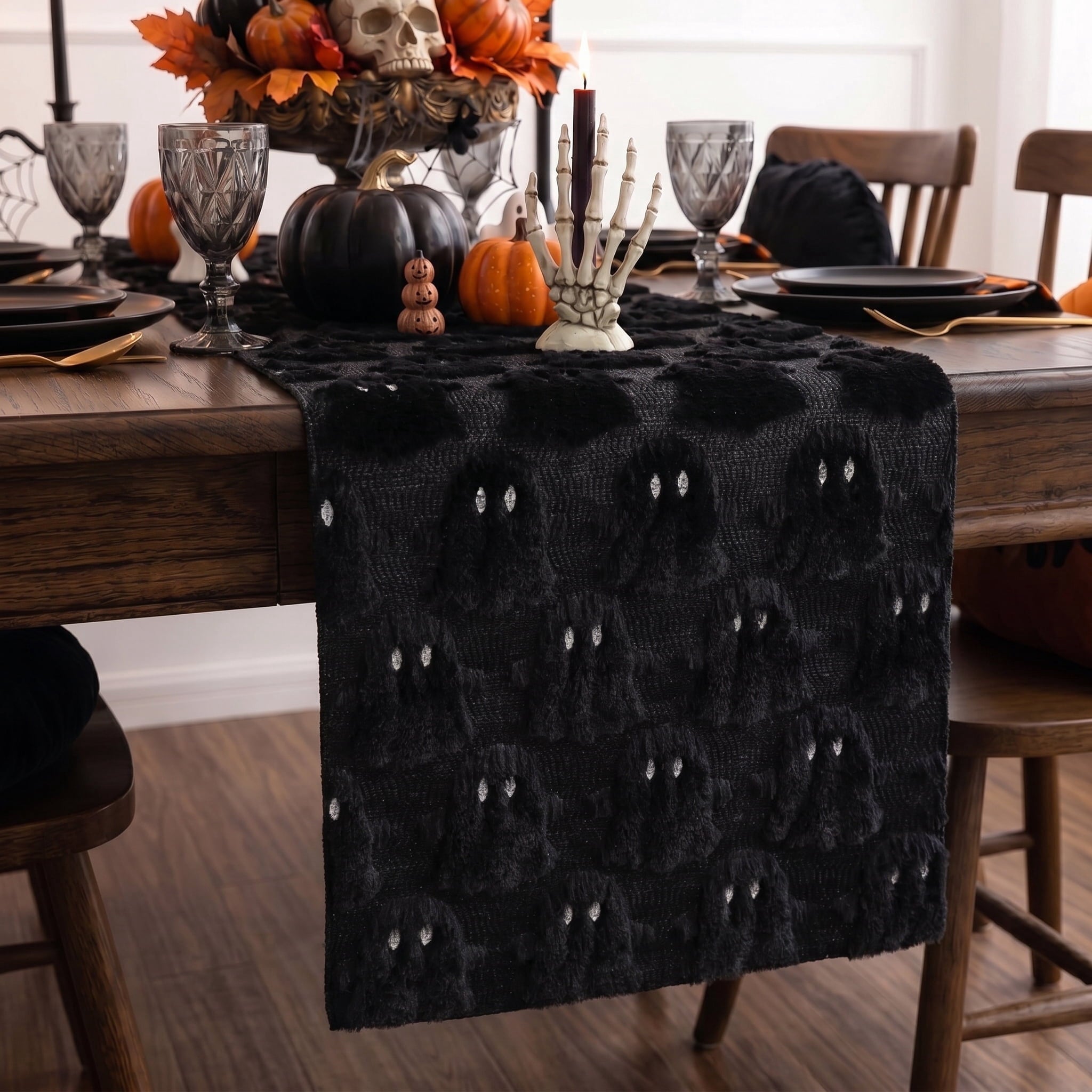Sm:)e Black Ghost Halloween Table Runner 13x90 Inch, Soft Plush Faux Fur Mantel Kitchen Dining Table Decor, Halloween Home Party Decor