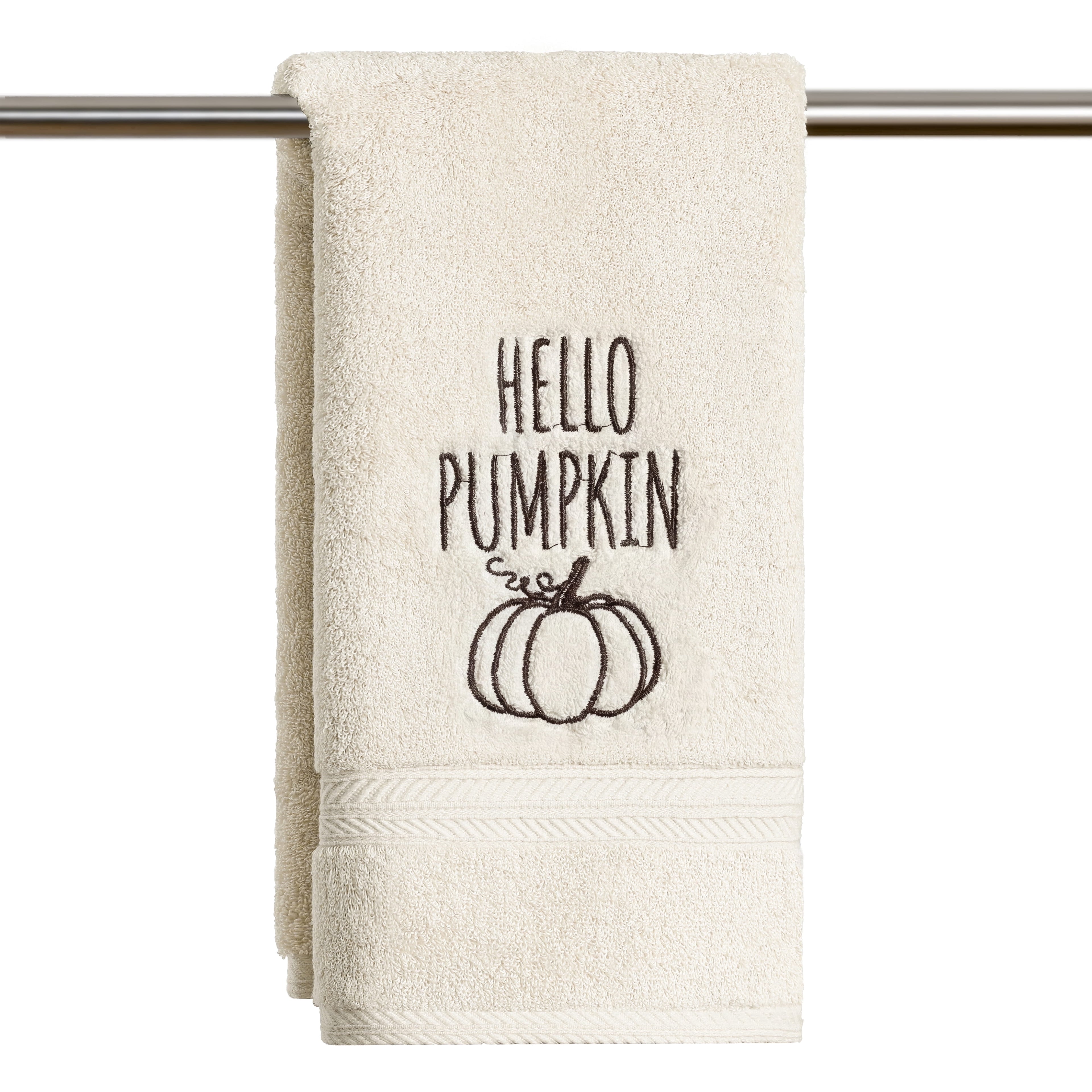 Sm:)e 1 Pc Beige Pumpkin Embroidered Fall Hand Towel, 100% Cotton Absorbent Kitchen Prep Towel, 18 x 26 Inch
