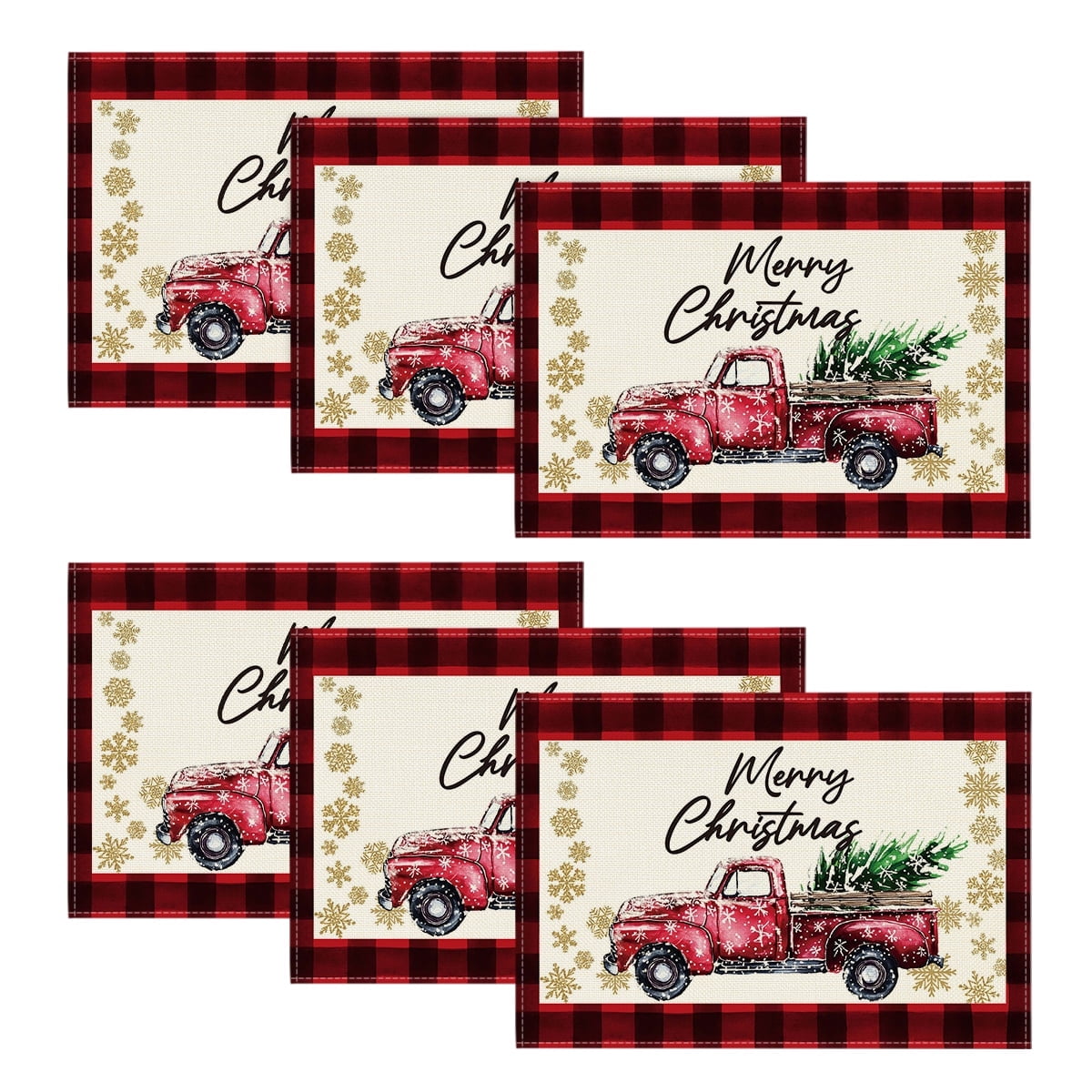 Smile Red and Black Buffalo Plaid Truck Merry Christmas Placemats Set of 6, 12x18 Inch Seasonal Winter Xmas Holiday Table Mats