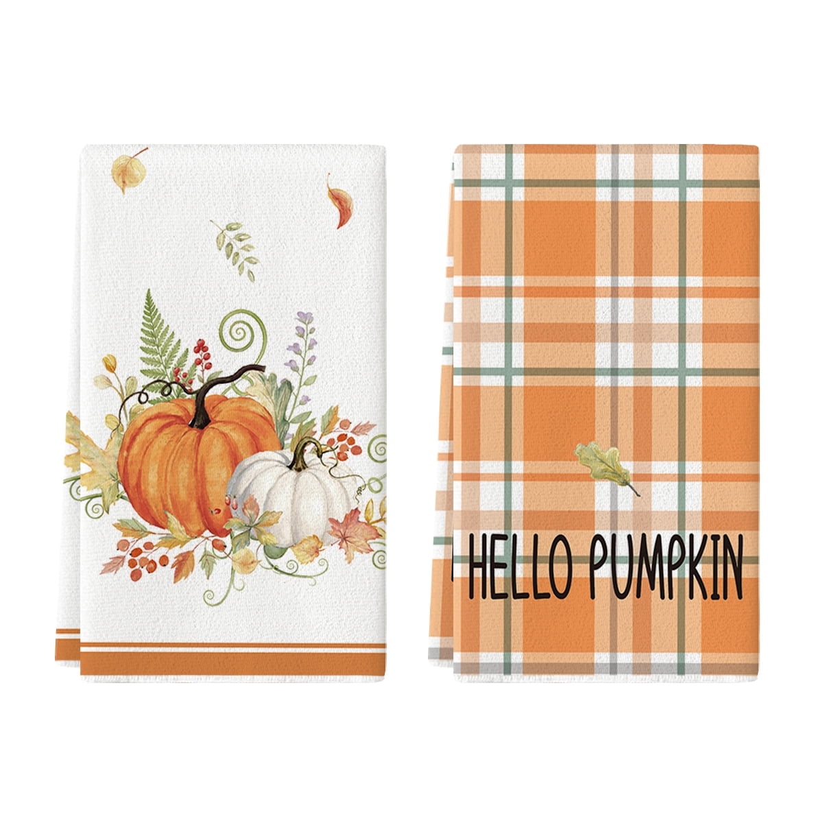Sm:)e Orange Hello Pumpkin Leaves Fall Thanksgiving Kitchen Dish Towels 18x26 Inch Set of 2