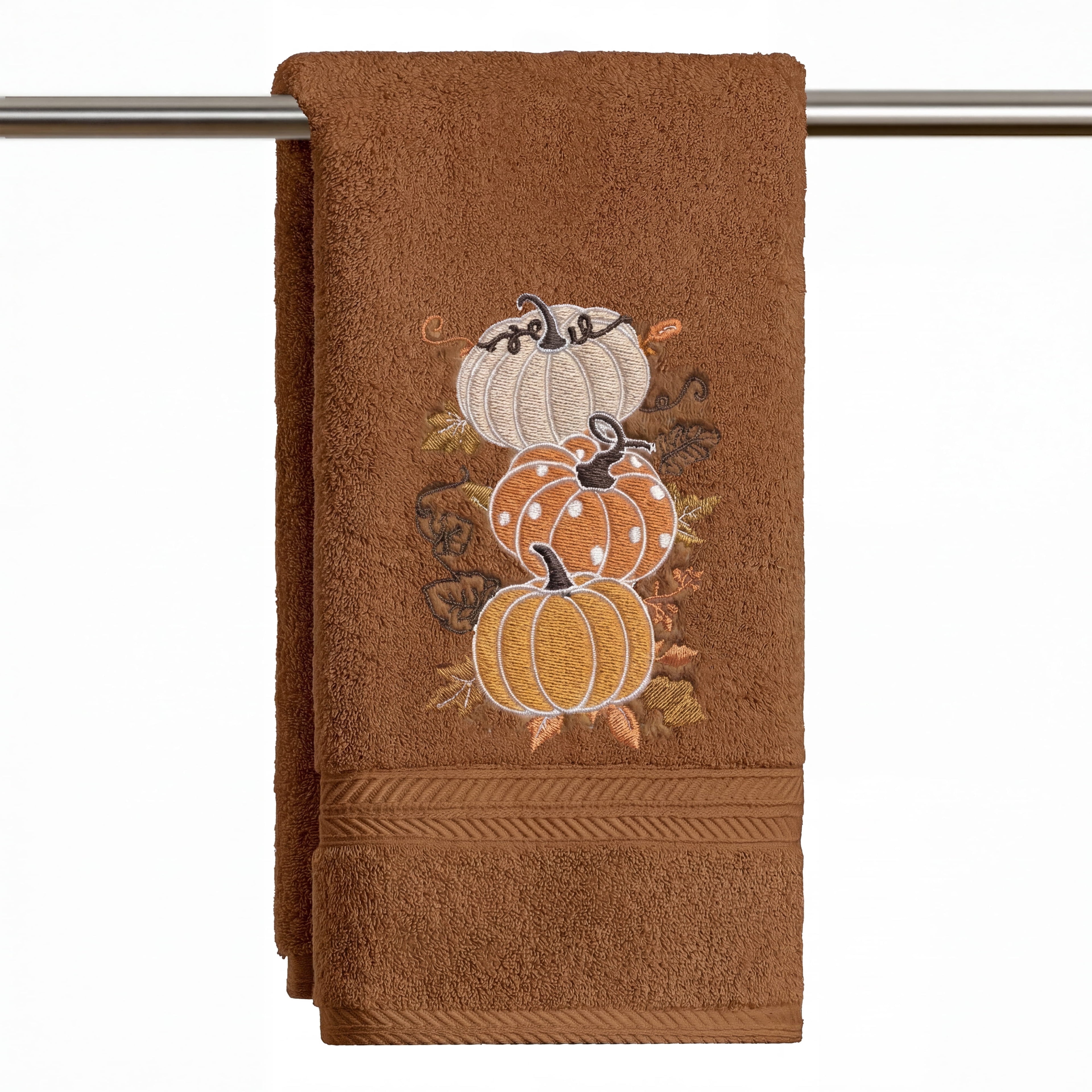 Sm:)e 1 Pc Stacked Pumpkin Maple Foliage Vine Embroidered Fall Hand Towel, 100% Cotton Absorbent Kitchen Cleaning Towel, 18 x 26 Inch