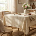 Sm:)e Fabric Openwork Farmhouse Style Linen Tablecloth 60x104 Inch, Yarn-Dyed Woven Table Cover for Dining Decor, Rectangle, Beige