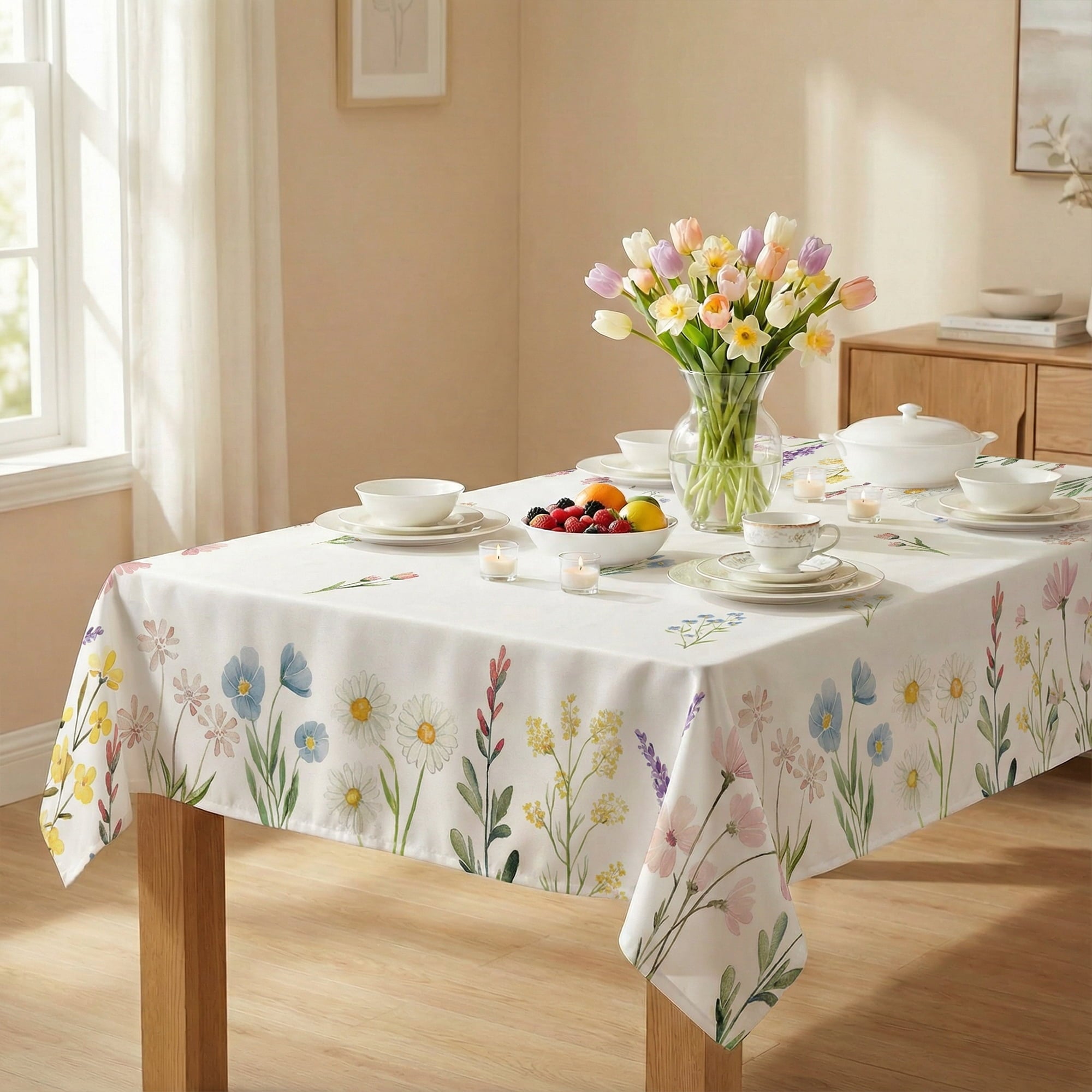 Sm:)e Spring Summer Tablecloth 52x70 Inch, Watercolor Wild Flowers Blooming Floral Table Cover for Party Picnic Dinner Decor