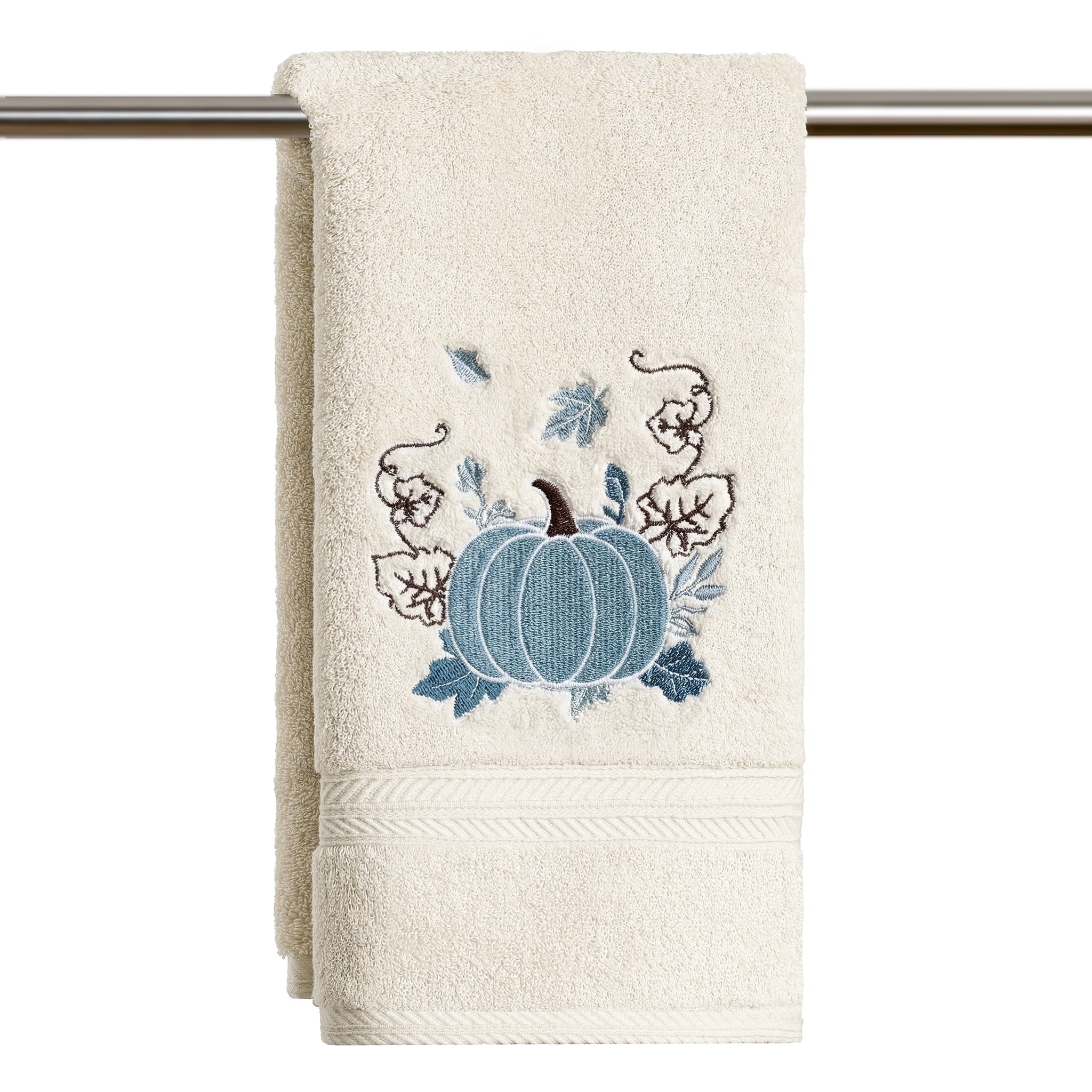 Sm:)e 1 Pc Maple Leaf Vine Blue Pumpkin Embroidered Fall Hand Towel, 100% Cotton Soft Home Decor Towel, 18 x 26 Inch