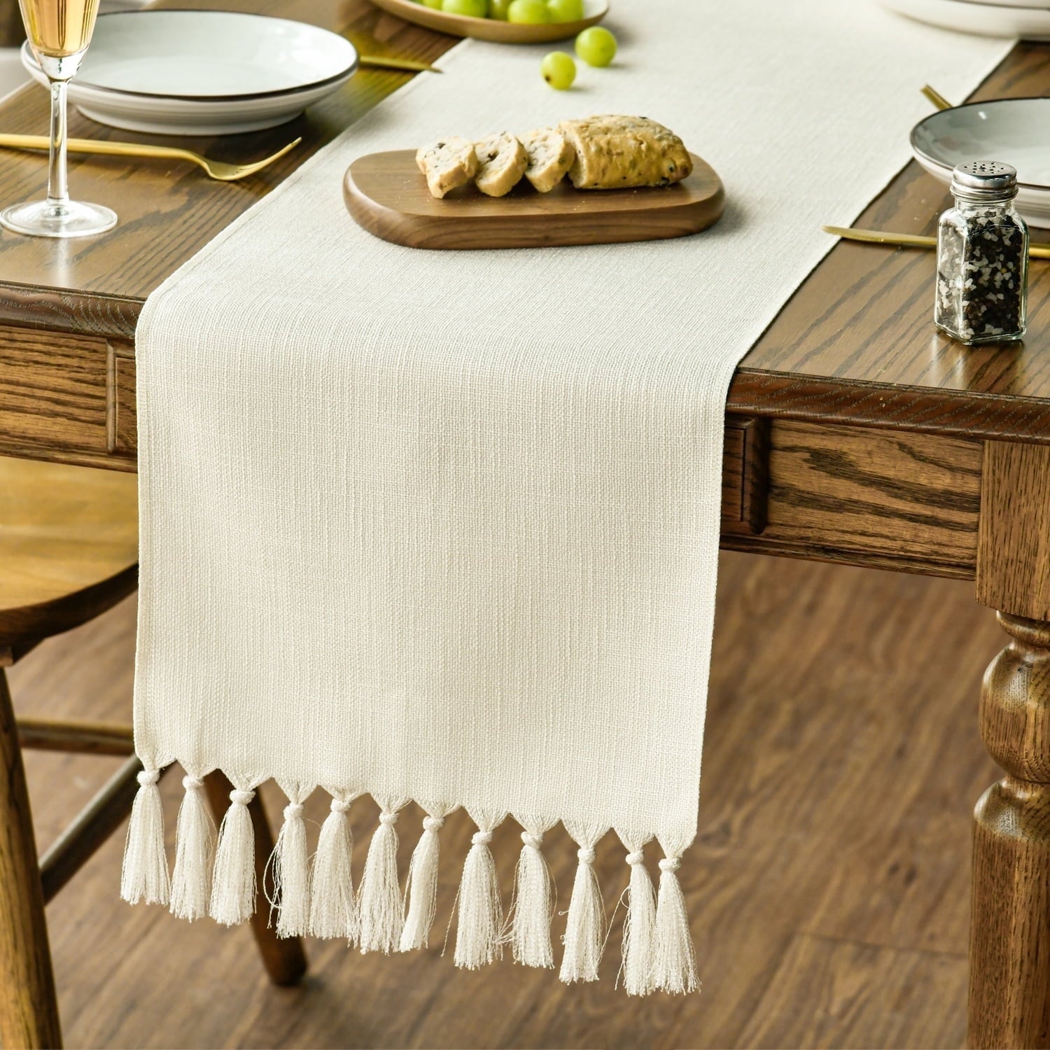 Sm:)e Beige Tassel Table Runner, 13x48 Inch, Boho Linen Blend Rustic Farmhouse Style, Holiday Wedding Party Kitchen Table Decor