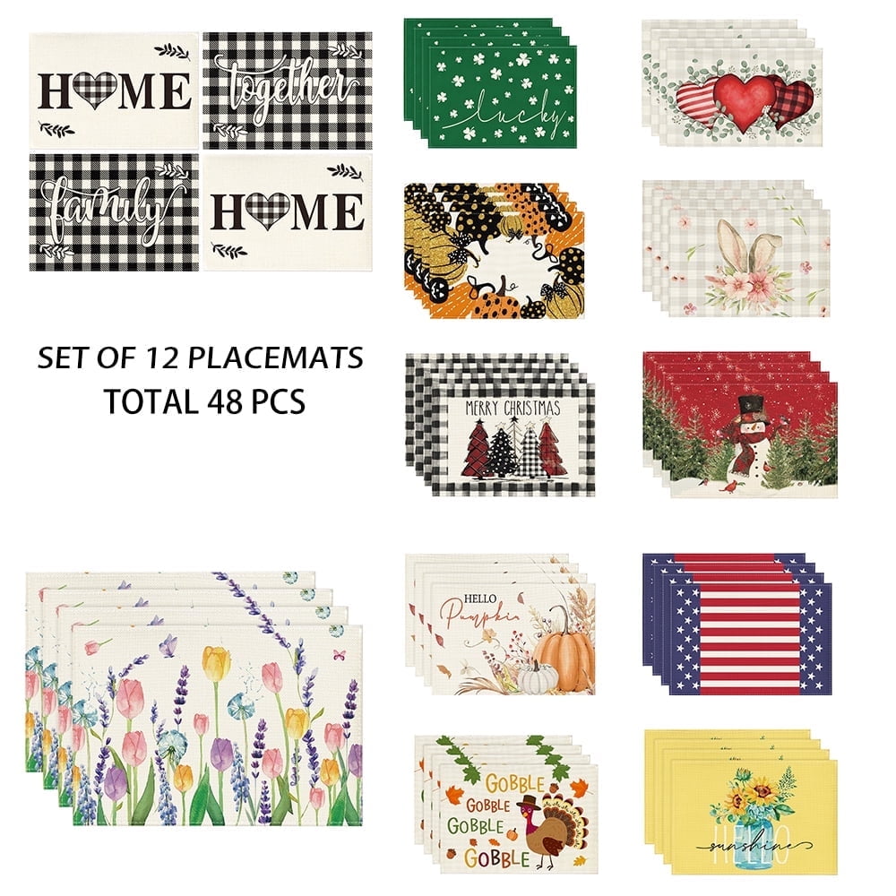 Smile 12 Set Total 48PCS Seasonal Decorative Placemats, All Season Polyester Durable Vintage Rustic Table Mats for Kitchen Home Farmhouse Cabin Decor Holiday Celebration