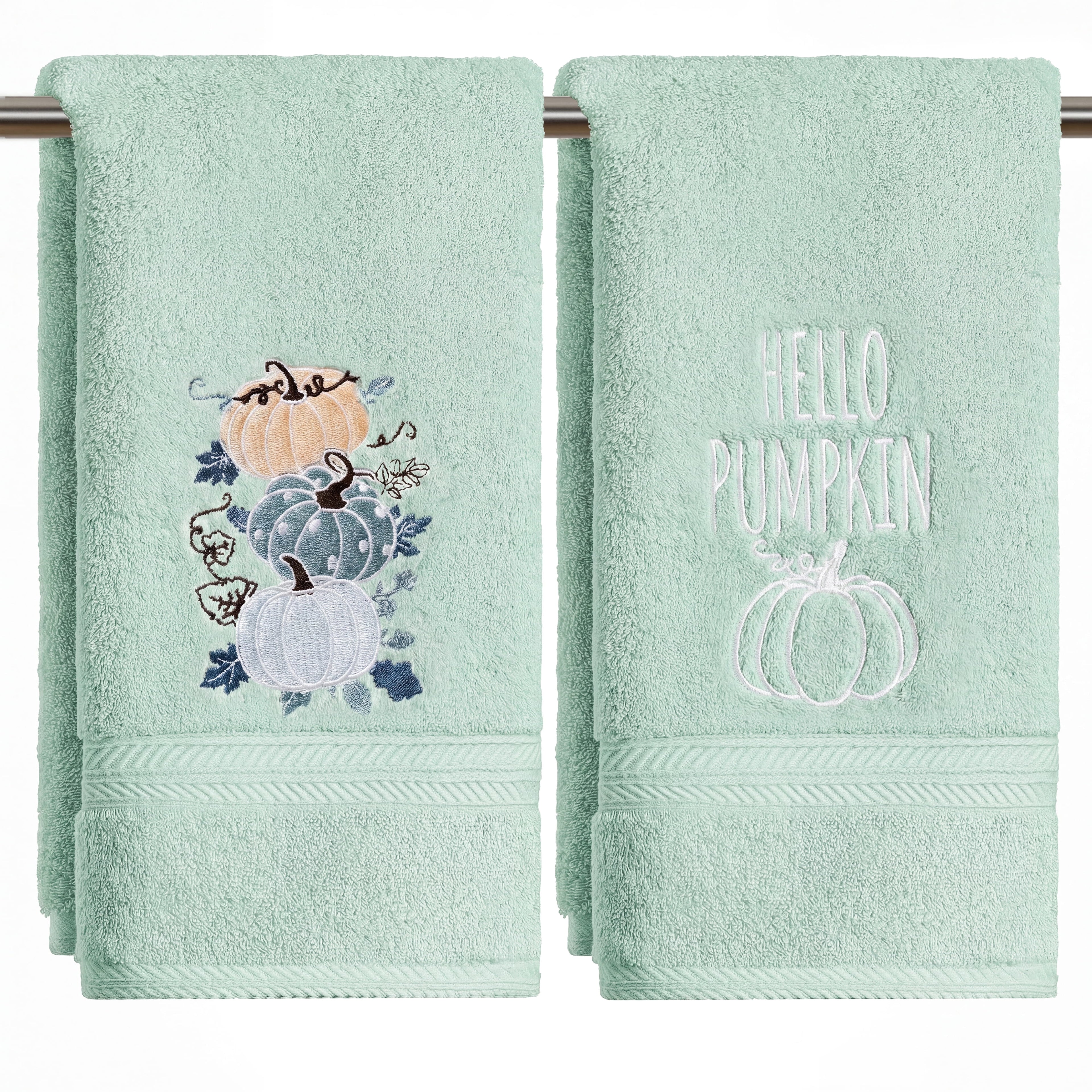 Sm:)e 2 Pcs Tiered Blue Pumpkin Autumn Maple Twisted Vine Embroidered Fall Hand Towels, 100% Cotton Soft Home Decor Dish Towels, 18 x 26 Inch