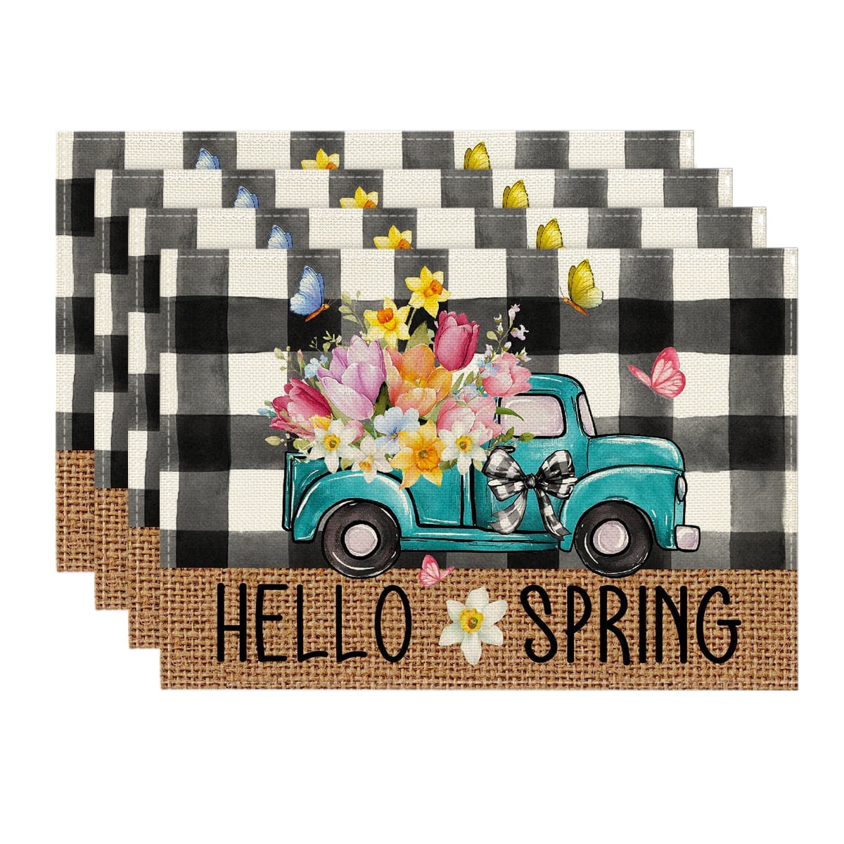 Sm:)e Spring Placemats with Flowers Floral Truck Placemats Set of 4, 12 x 18 Inch, White and Black Buffalo Plaid Spring Kitchen Decor