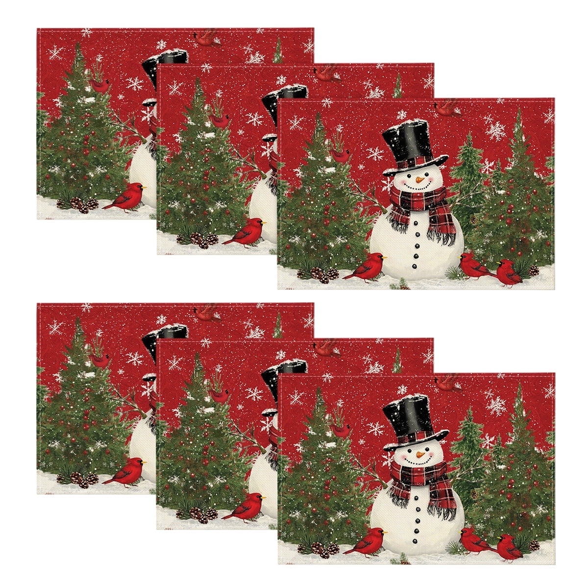 Smile Snowman Cardinals Winter Christmas Placemats Set of 6, Red, 12 x 18 Inch