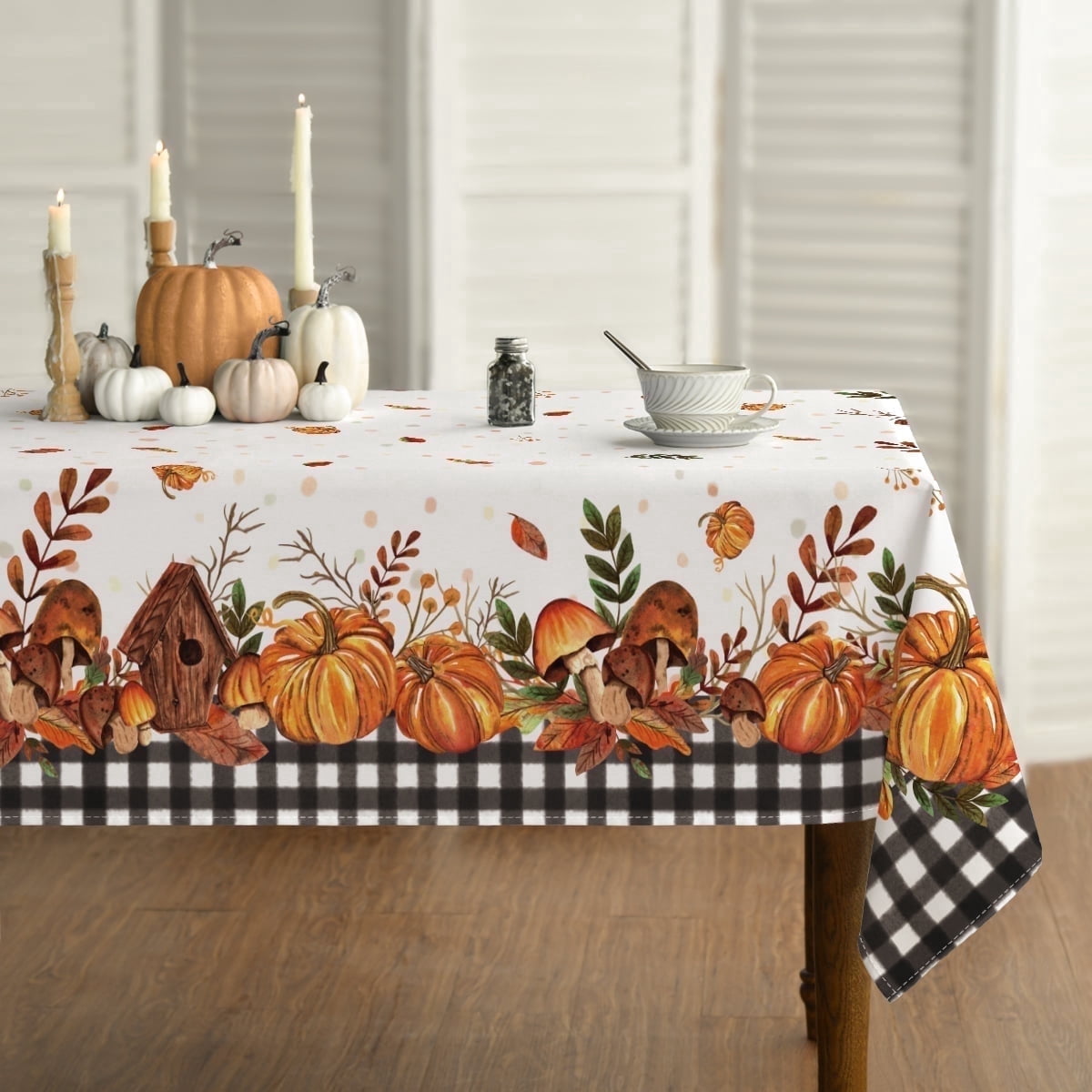 Sm:)e Buffalo Plaid Fall Thanksgiving Table Cloth 60 x 84 Inch Rectangle, Pumpkin Birdhouse Mushroom