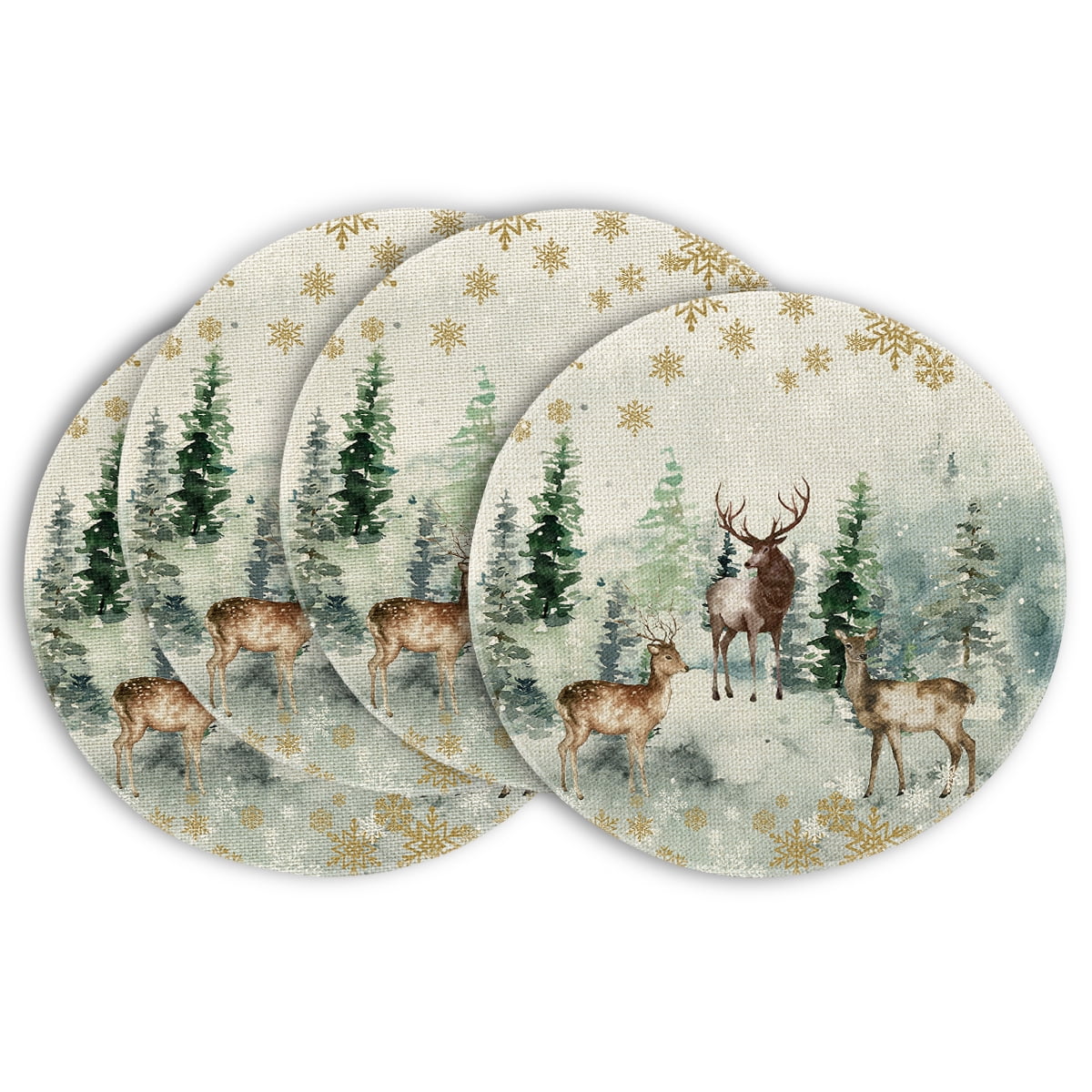 Smile Watercolor Deer Trees Snowflakes Christmas Placemats Round, 15 Inch Seasonal Winter Xmas Holiday Rustic Vintage Thanksgiving Washable Table Mats Set of 4