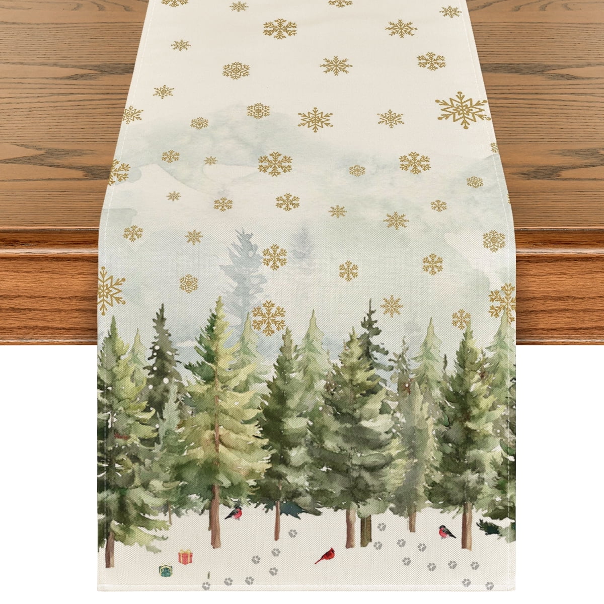 Smile Xmas Trees Cardinals Snowflakes Gifts Christmas Table Runner, Seasonal Kitchen Dining Table Decoration for Outdoor Home Party 13x90 Inch