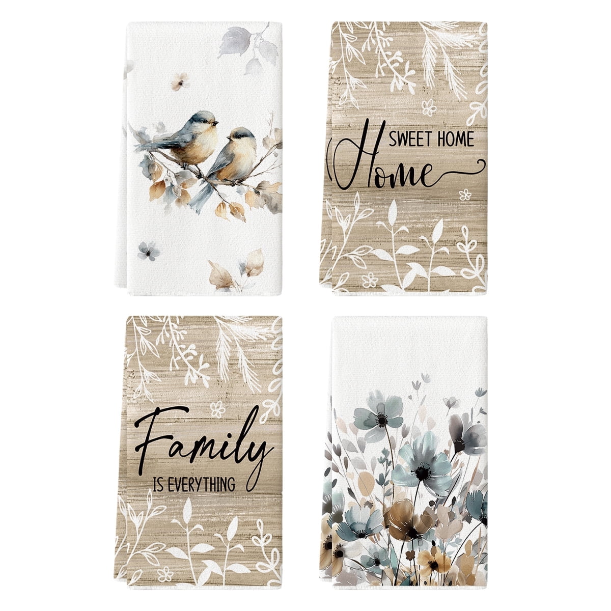 Sm:)e Birds Leaves Poppy Wooden Fall Kitchen Dish Towels Set of 4, Soft & Absorbent Washcloth 18x26 Inch